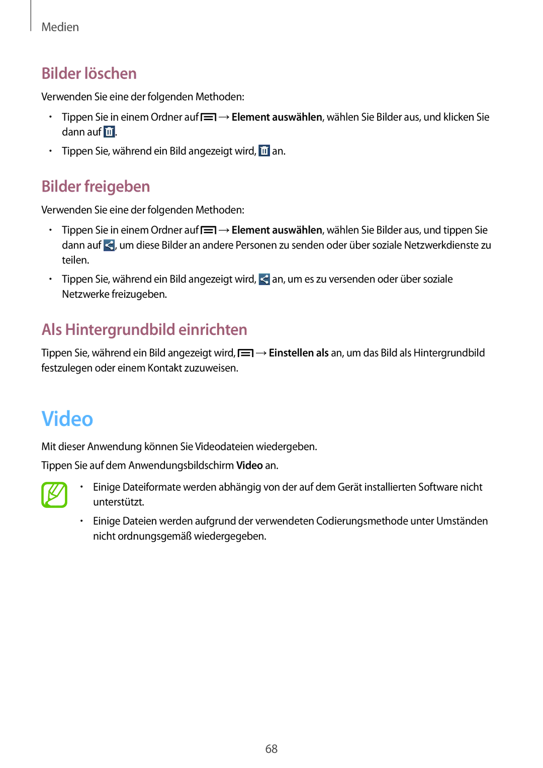 Samsung GT-S7582ZKAOPT, GT-S7582UWAEUR manual Video, Bilder löschen, Bilder freigeben, Als Hintergrundbild einrichten 
