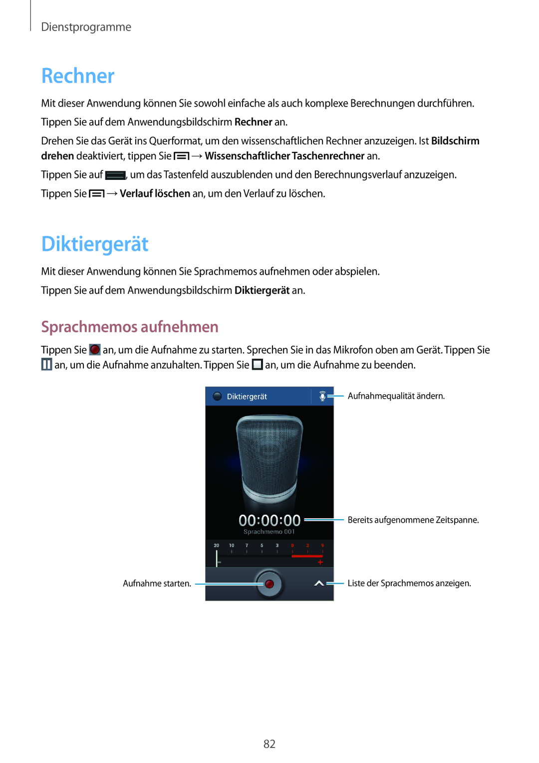 Samsung GT-S7582UWATPH, GT-S7582UWAEUR, GT-S7582ZKATPH, GT-S7582ZKAOPT manual Rechner, Diktiergerät, Sprachmemos aufnehmen 