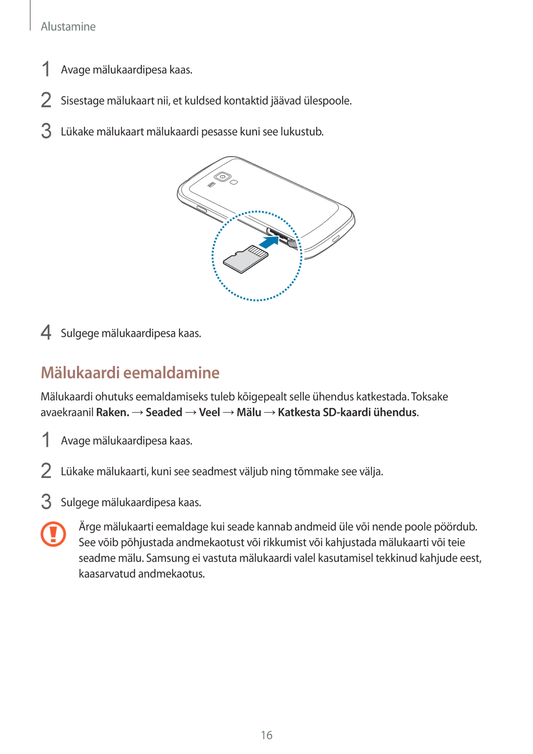 Samsung GT-S7582UWASEB, GT-S7582ZKASEB manual Mälukaardi eemaldamine 