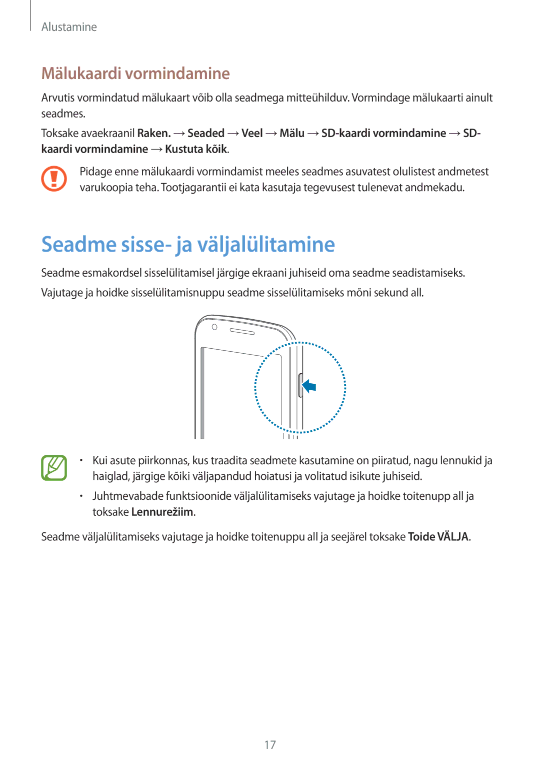 Samsung GT-S7582ZKASEB, GT-S7582UWASEB manual Seadme sisse- ja väljalülitamine, Mälukaardi vormindamine 