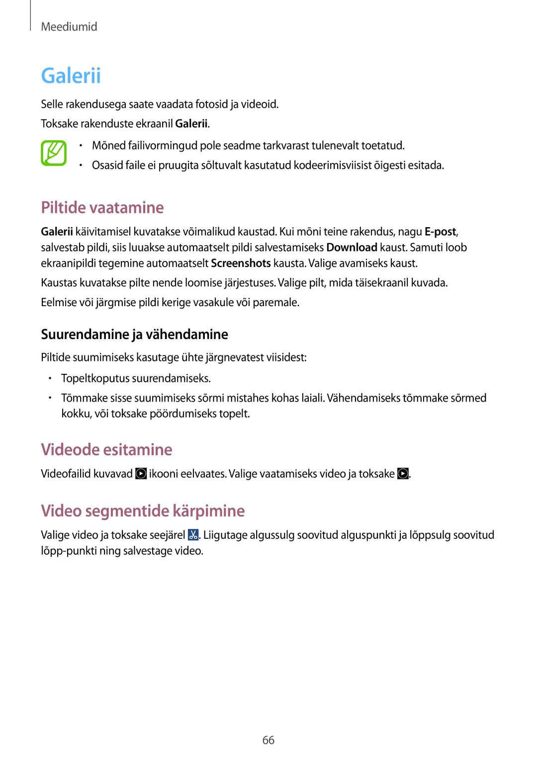 Samsung GT-S7582UWASEB, GT-S7582ZKASEB manual Galerii, Piltide vaatamine, Videode esitamine, Video segmentide kärpimine 