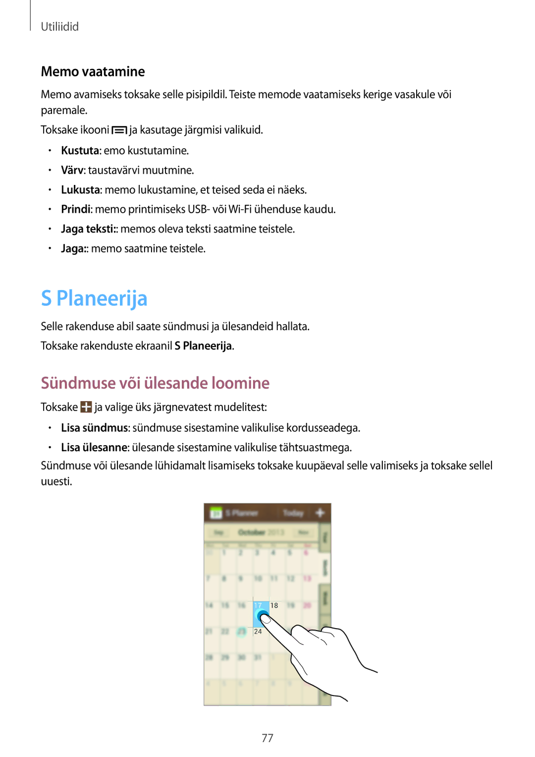 Samsung GT-S7582ZKASEB, GT-S7582UWASEB manual Planeerija, Sündmuse või ülesande loomine, Memo vaatamine 