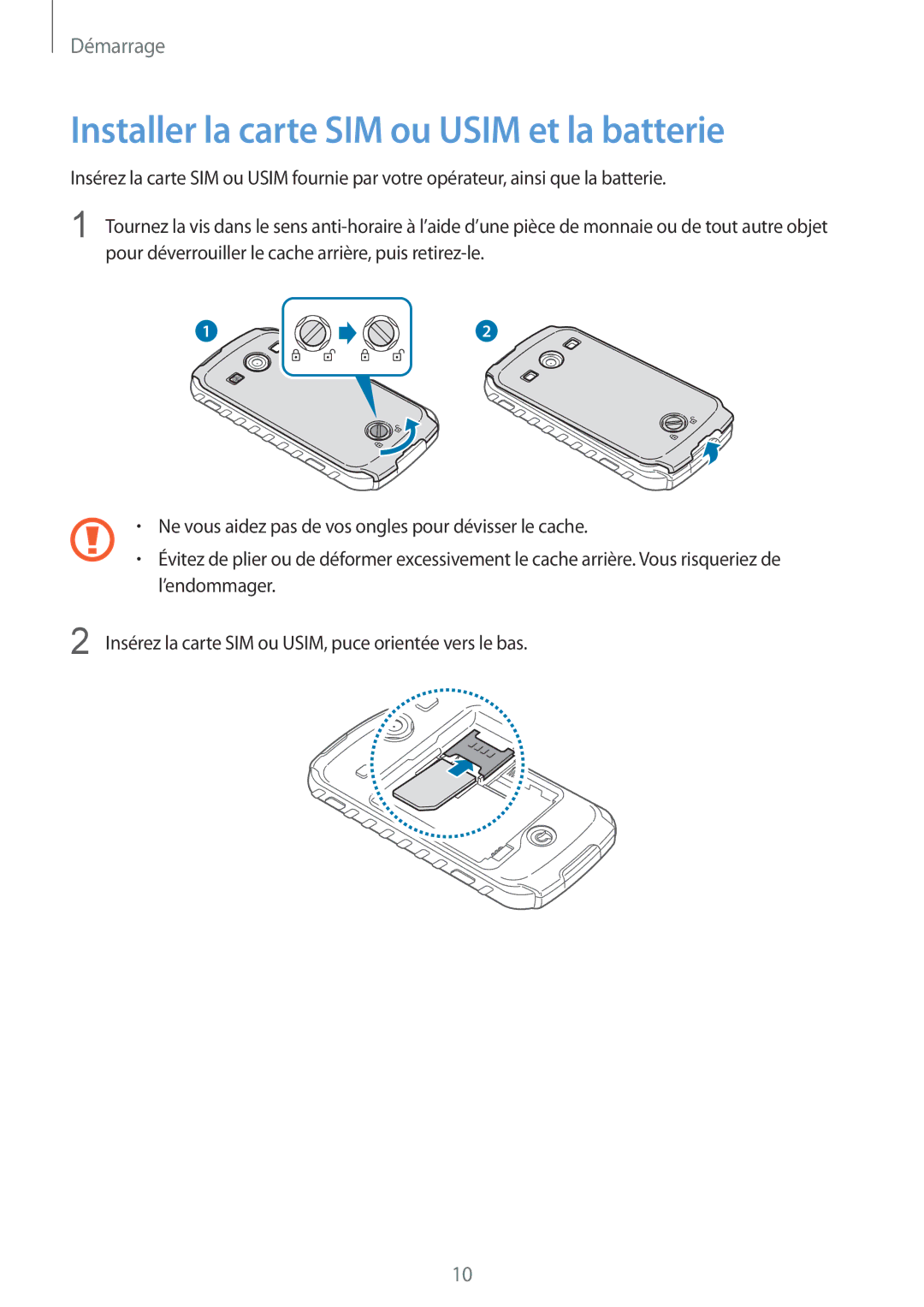 Samsung GT-S7710KRABGL, GT-S7710TAABGL manual Installer la carte SIM ou Usim et la batterie 