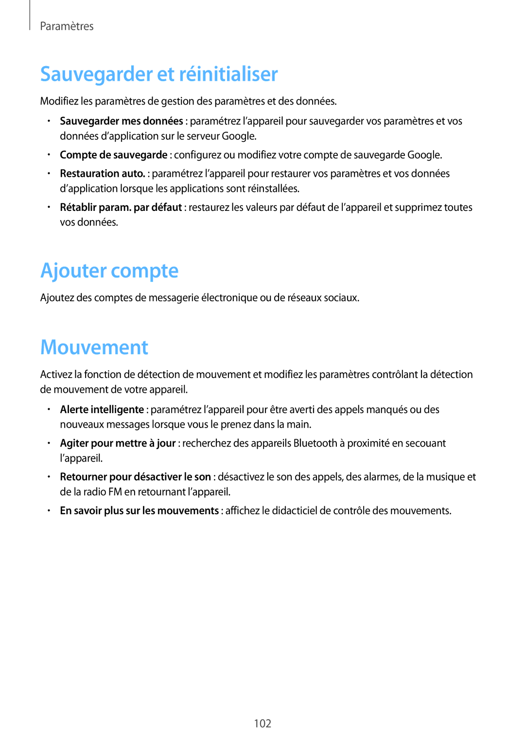 Samsung GT-S7710KRABGL, GT-S7710TAABGL manual Sauvegarder et réinitialiser, Ajouter compte, Mouvement 