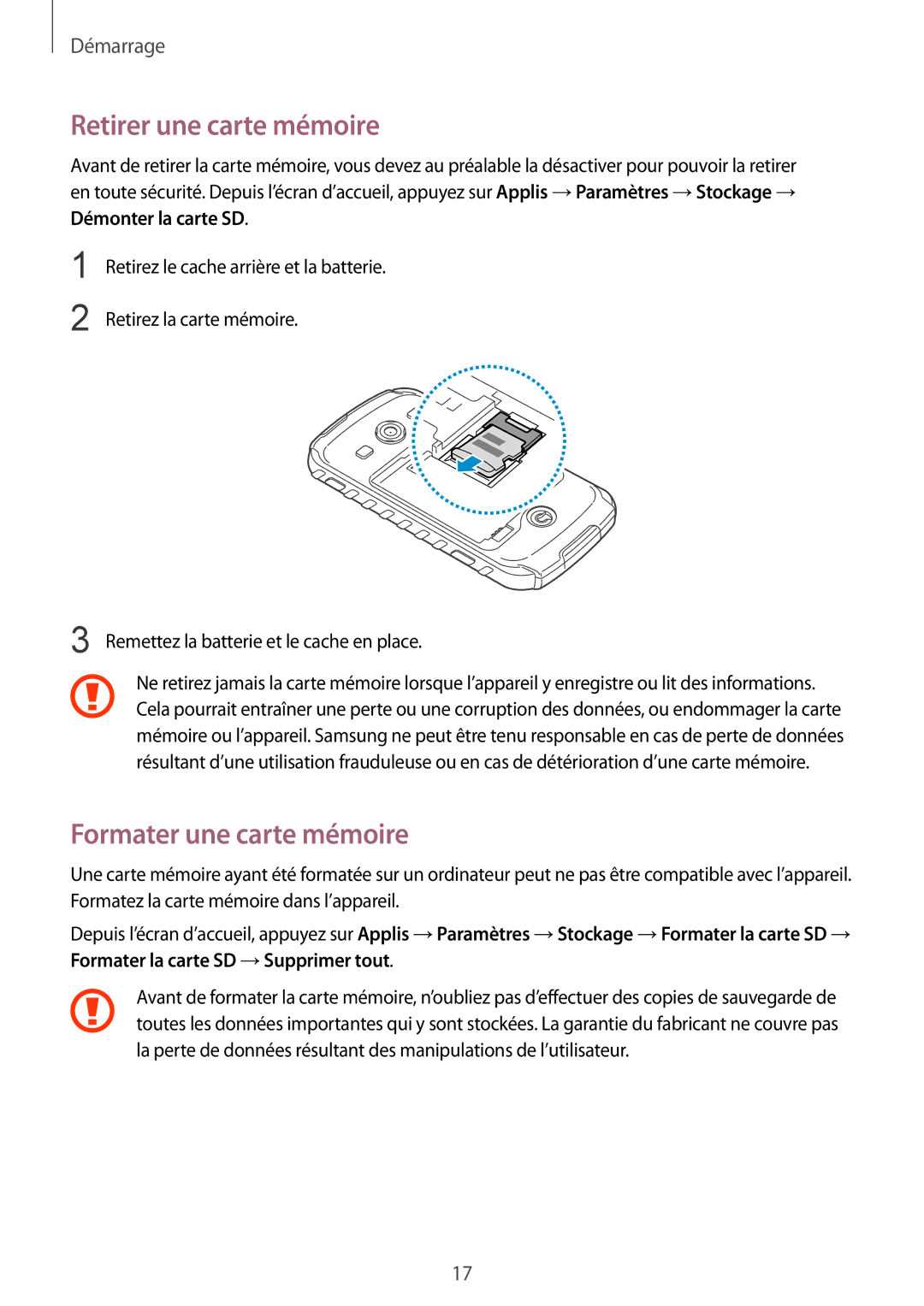 Samsung GT-S7710TAABGL, GT-S7710KRABGL manual Retirer une carte mémoire, Formater une carte mémoire 