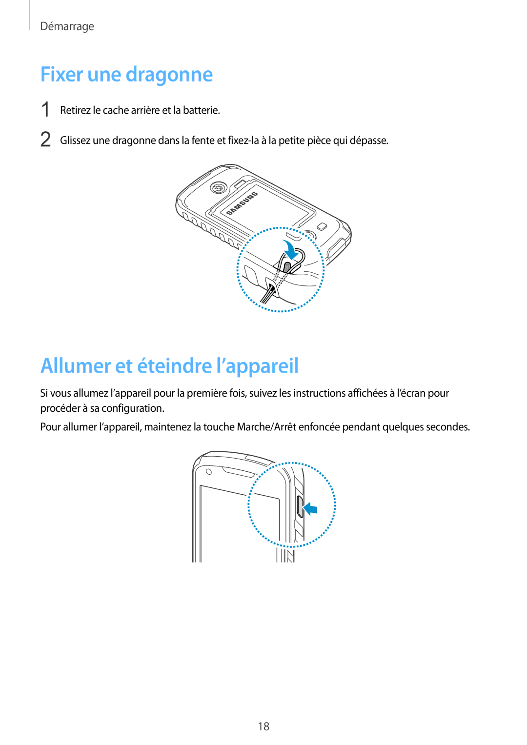 Samsung GT-S7710KRABGL, GT-S7710TAABGL manual Fixer une dragonne, Allumer et éteindre l’appareil 