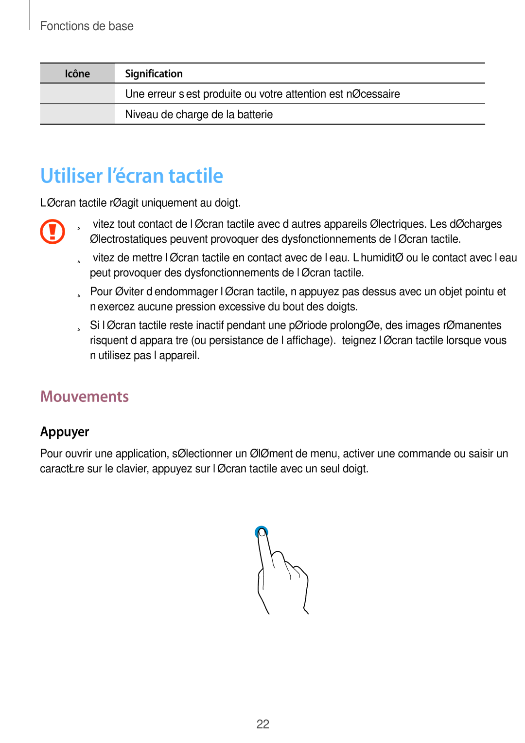 Samsung GT-S7710KRABGL, GT-S7710TAABGL manual Utiliser l’écran tactile, Mouvements, Appuyer 