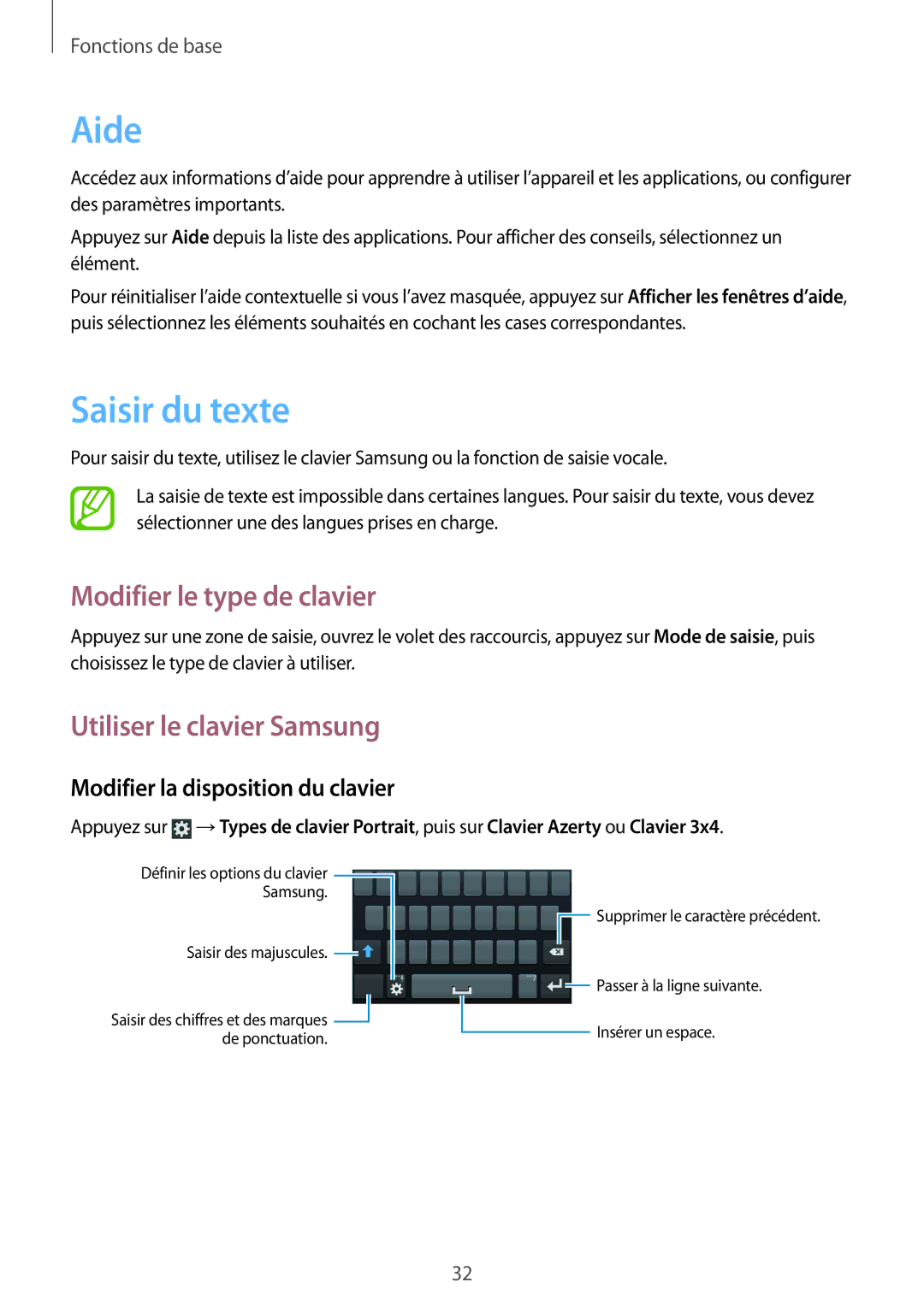 Samsung GT-S7710KRABGL, GT-S7710TAABGL Aide, Saisir du texte, Modifier le type de clavier, Utiliser le clavier Samsung 