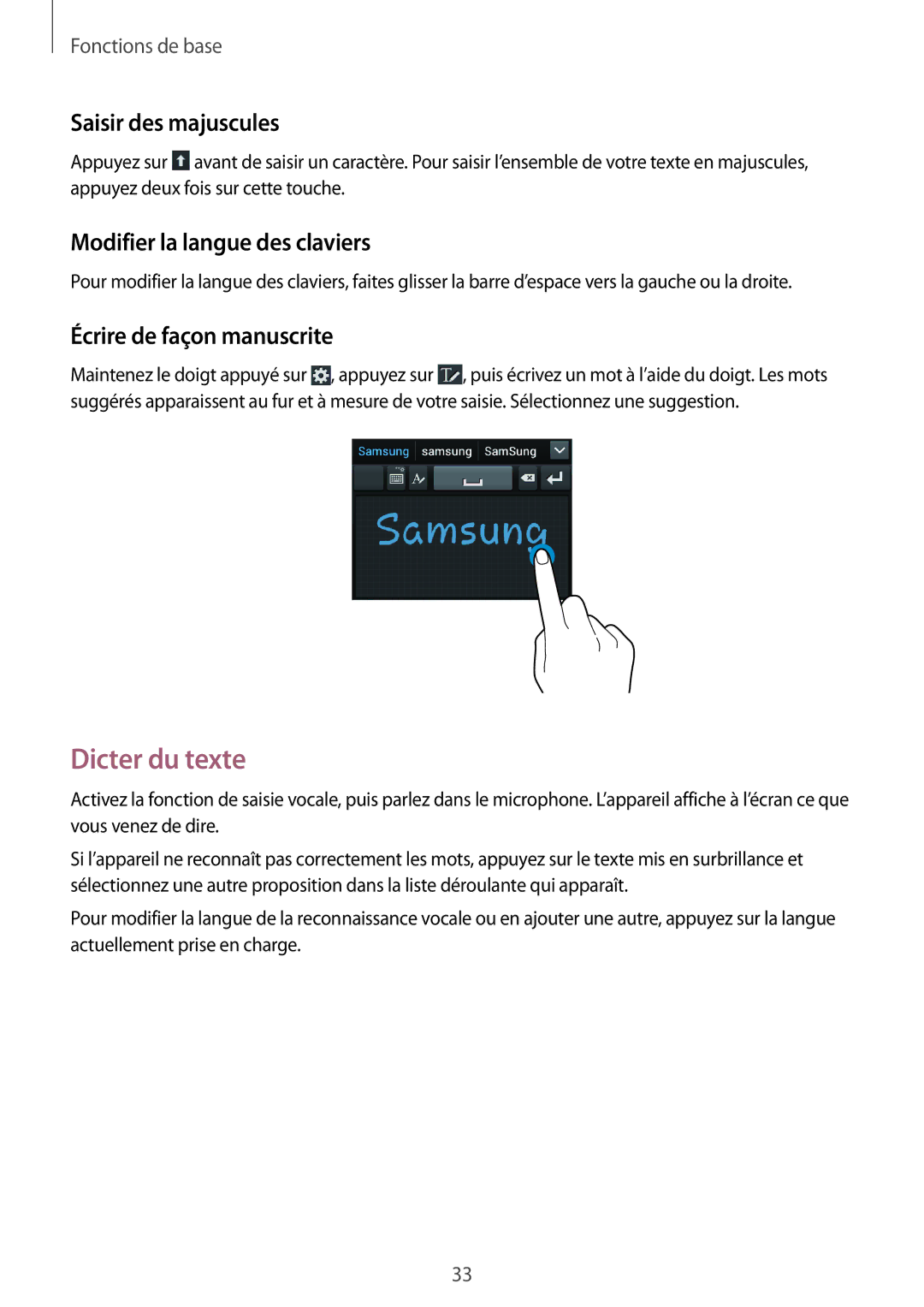 Samsung GT-S7710TAABGL Dicter du texte, Saisir des majuscules, Modifier la langue des claviers, Écrire de façon manuscrite 