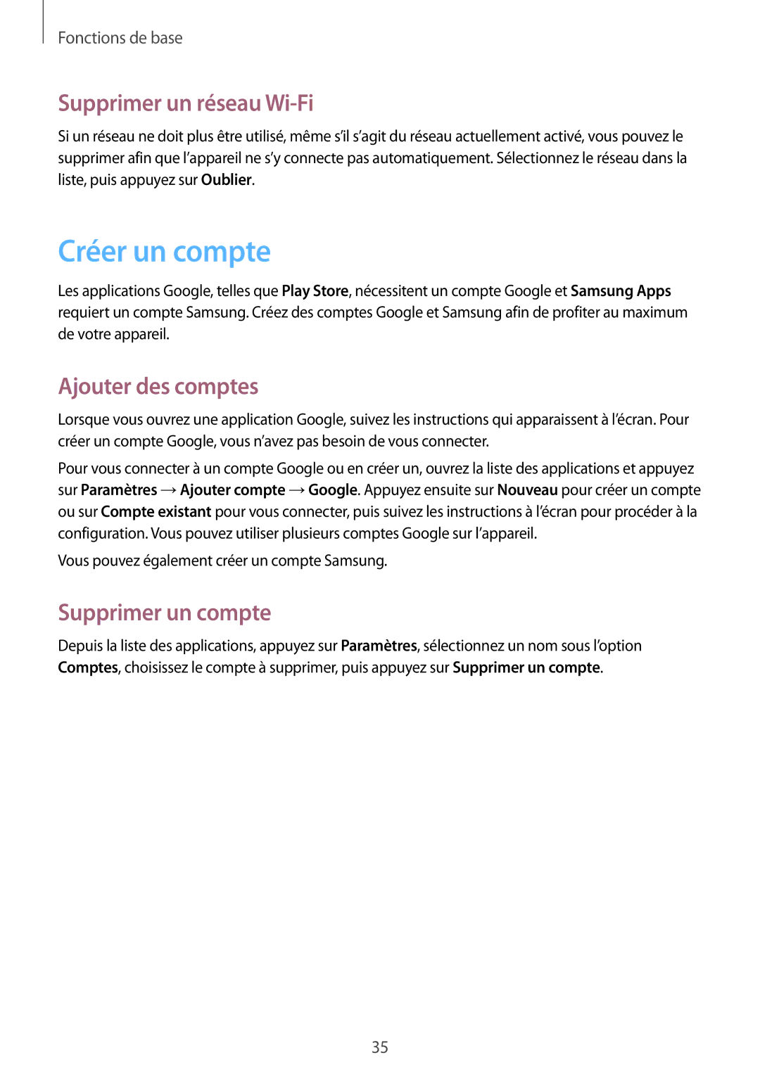 Samsung GT-S7710TAABGL manual Créer un compte, Supprimer un réseau Wi-Fi, Ajouter des comptes, Supprimer un compte 