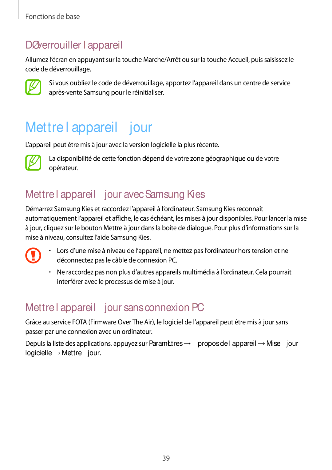 Samsung GT-S7710TAABGL, GT-S7710KRABGL manual Déverrouiller l’appareil, Mettre l’appareil à jour avec Samsung Kies 