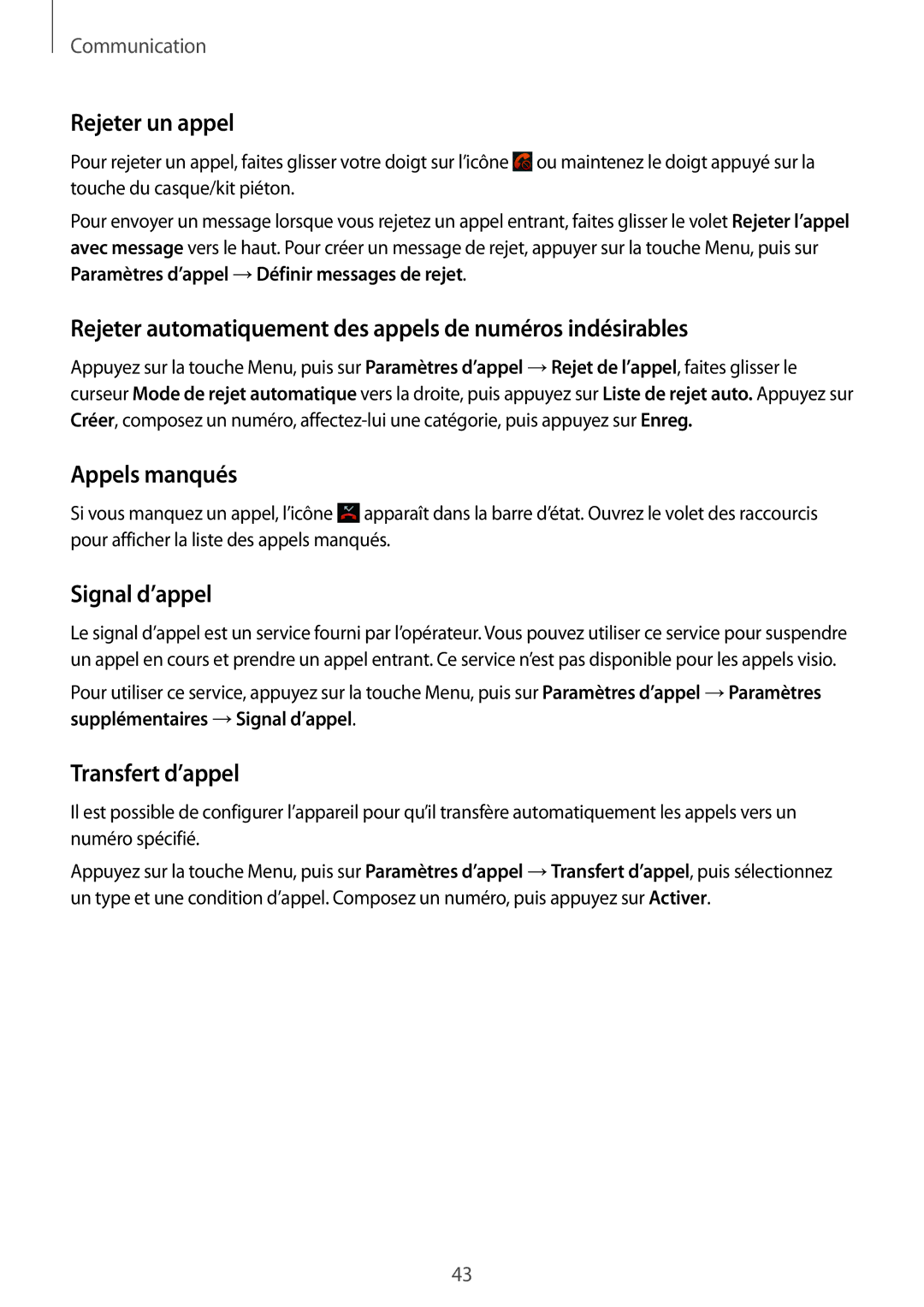 Samsung GT-S7710TAABGL manual Rejeter un appel, Rejeter automatiquement des appels de numéros indésirables, Appels manqués 