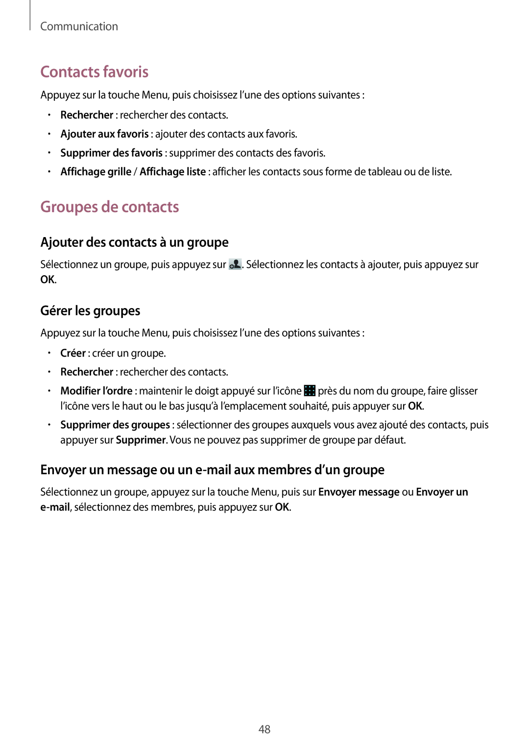 Samsung GT-S7710KRABGL manual Contacts favoris, Groupes de contacts, Ajouter des contacts à un groupe, Gérer les groupes 