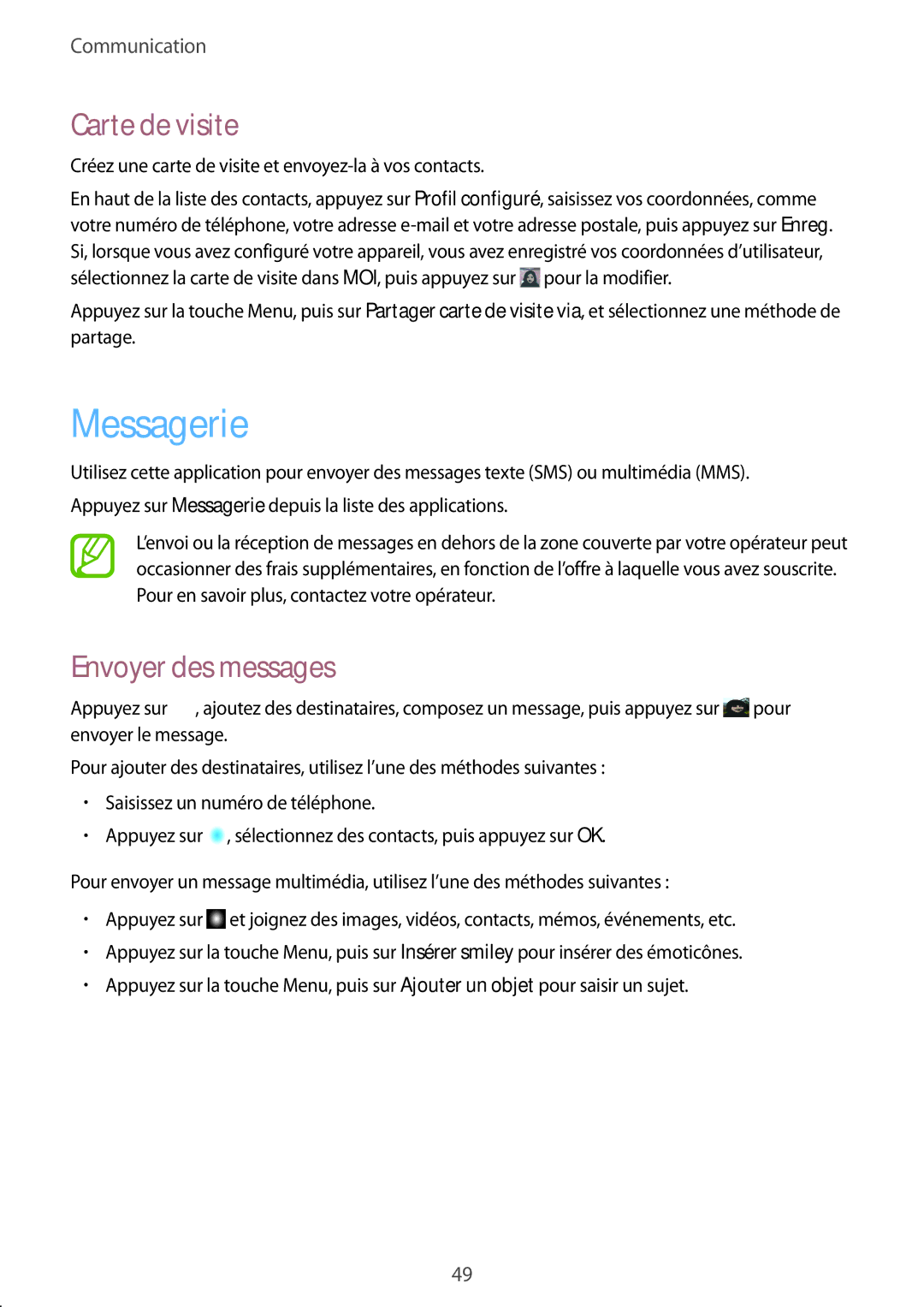 Samsung GT-S7710TAABGL, GT-S7710KRABGL manual Messagerie, Carte de visite, Envoyer des messages 