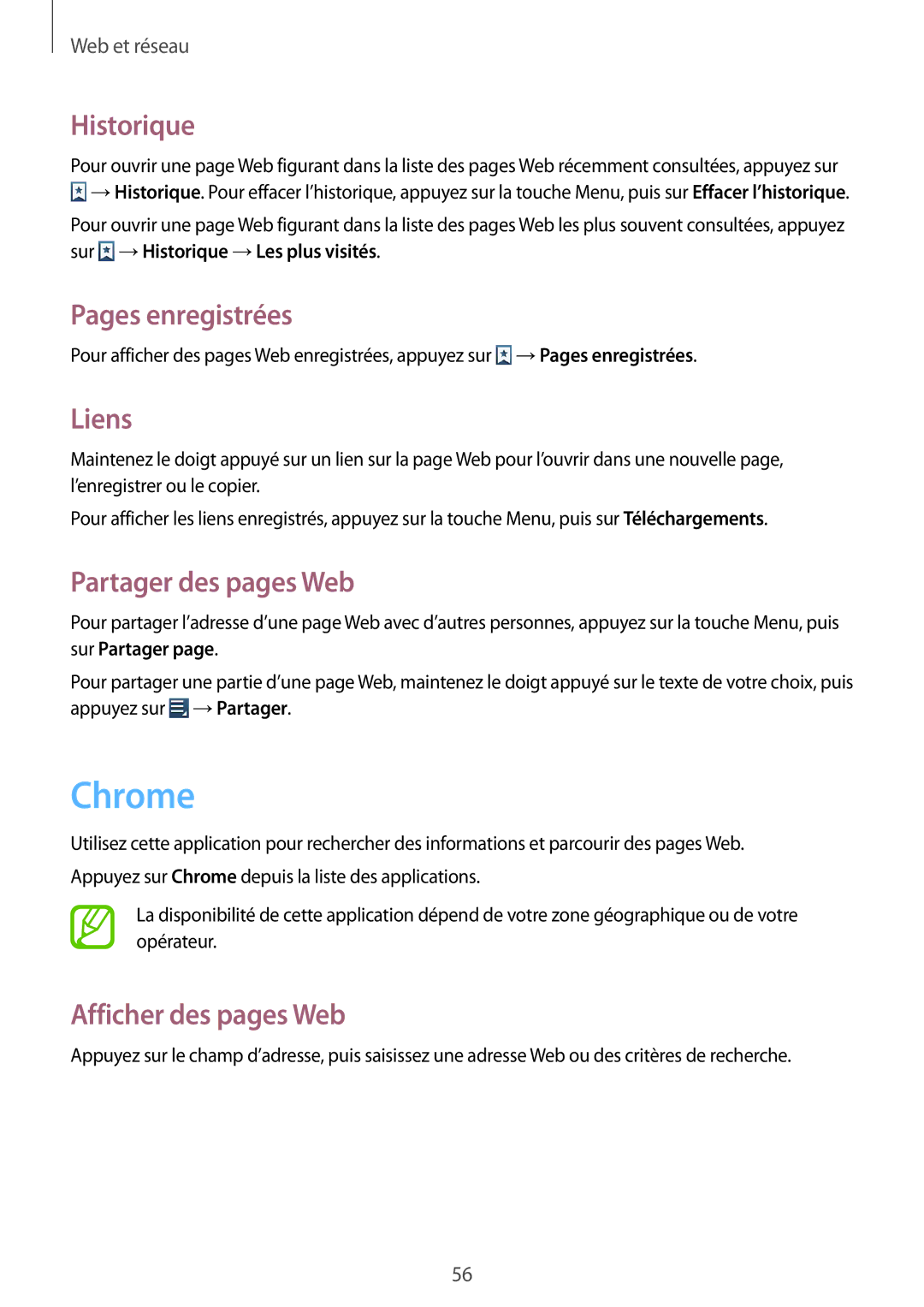 Samsung GT-S7710KRABGL, GT-S7710TAABGL manual Chrome, Historique, Pages enregistrées, Liens, Partager des pages Web 