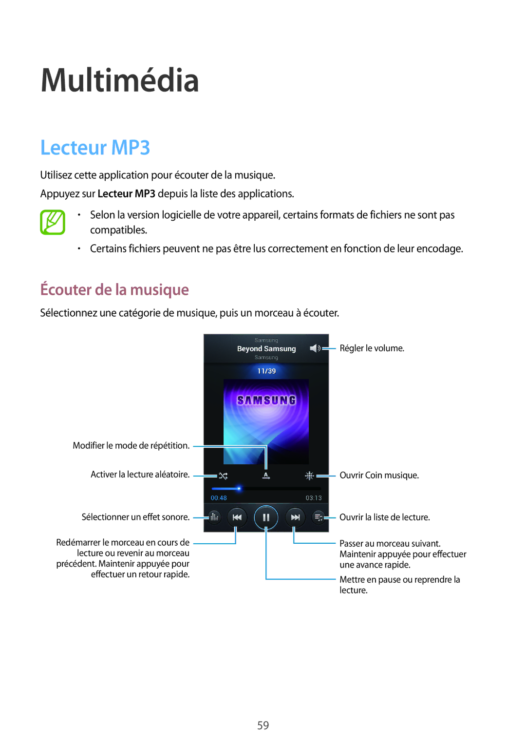 Samsung GT-S7710TAABGL, GT-S7710KRABGL manual Multimédia, Lecteur MP3, Écouter de la musique 