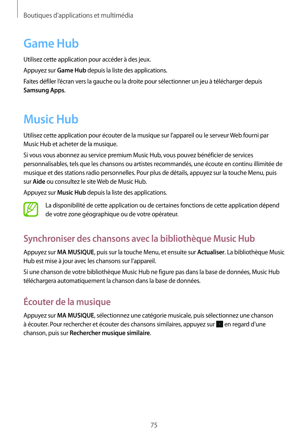 Samsung GT-S7710TAABGL, GT-S7710KRABGL manual Game Hub, Synchroniser des chansons avec la bibliothèque Music Hub 