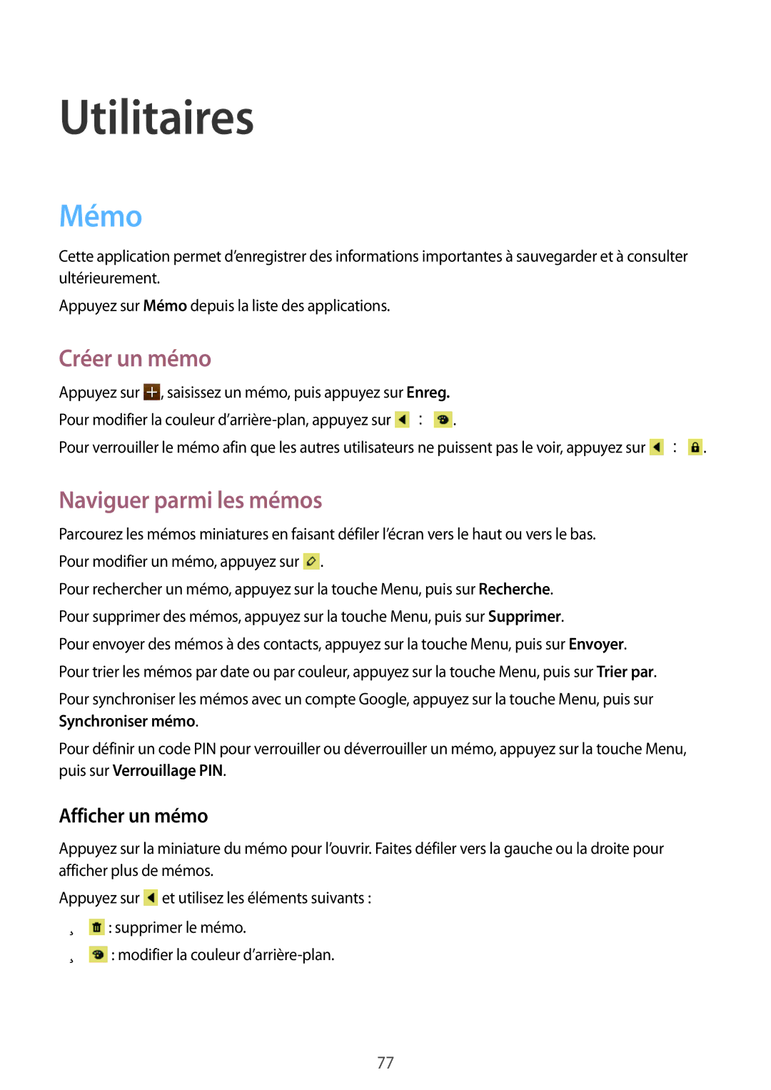 Samsung GT-S7710TAABGL, GT-S7710KRABGL manual Utilitaires, Mémo, Créer un mémo, Naviguer parmi les mémos, Afficher un mémo 