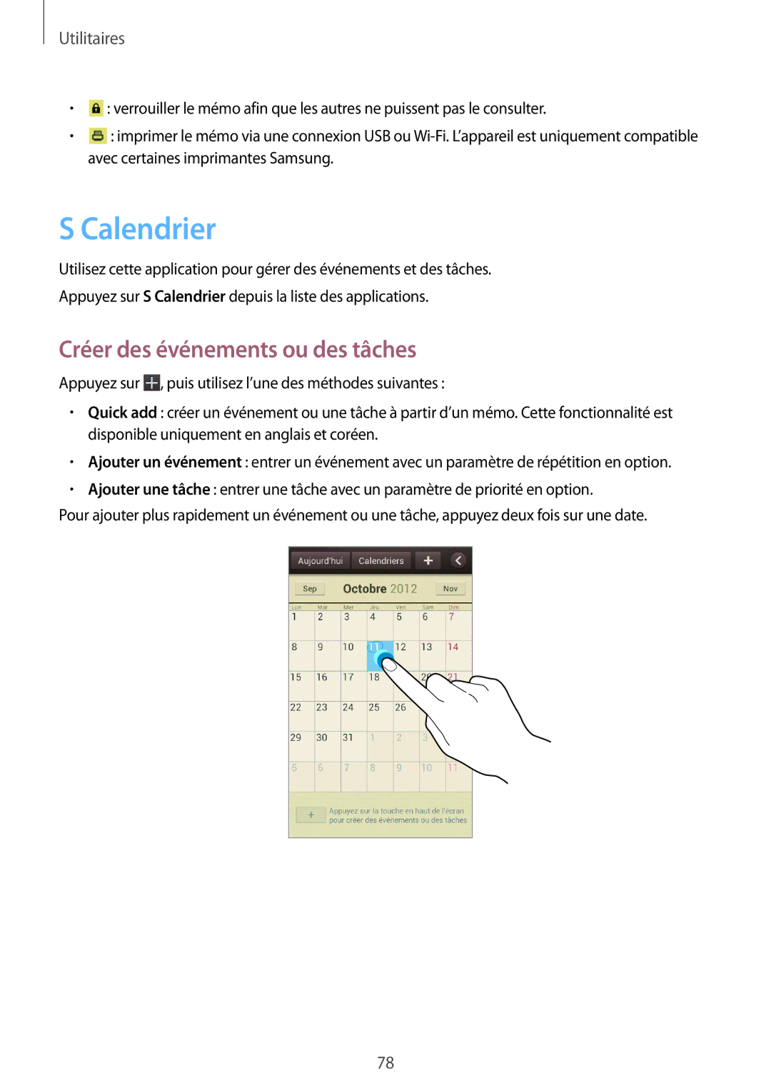 Samsung GT-S7710KRABGL, GT-S7710TAABGL manual Calendrier, Créer des événements ou des tâches 