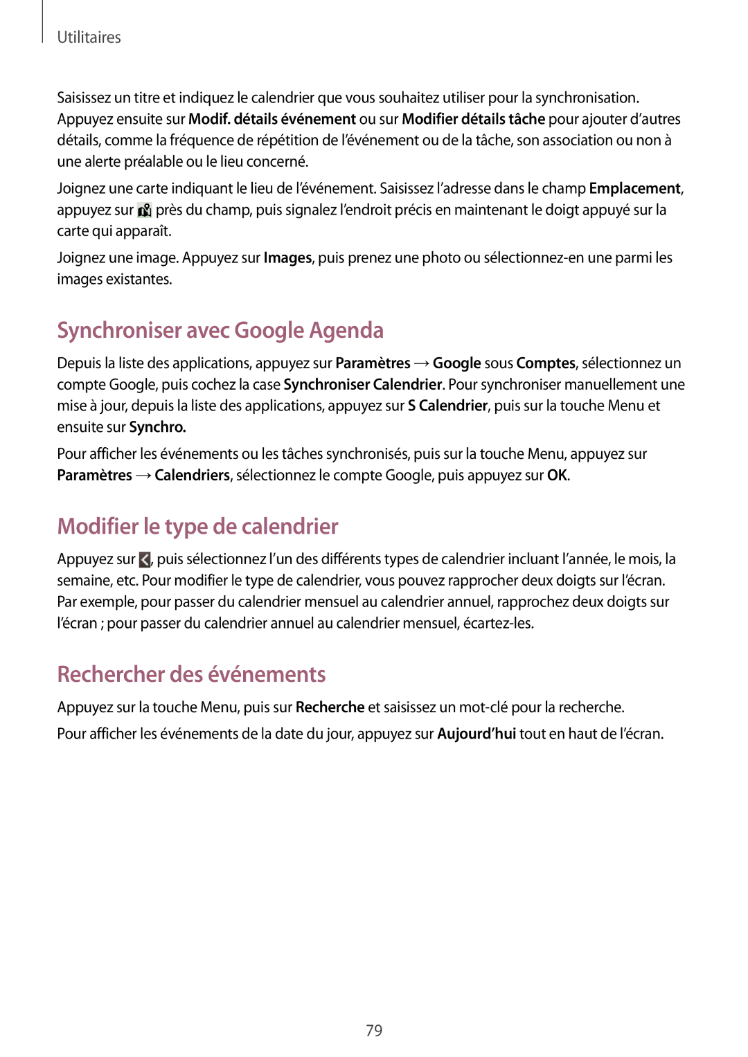 Samsung GT-S7710TAABGL manual Synchroniser avec Google Agenda, Modifier le type de calendrier, Rechercher des événements 