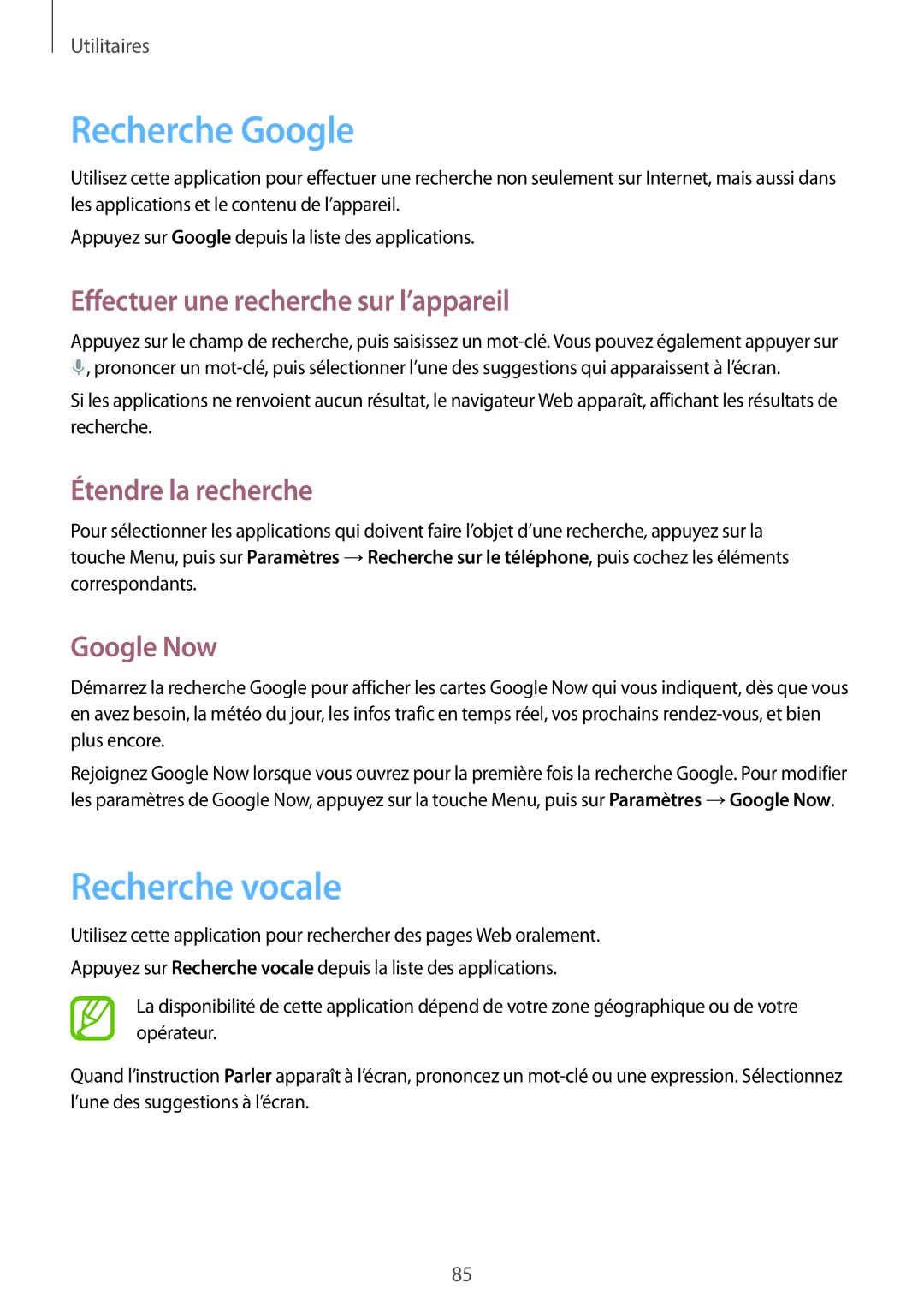 Samsung GT-S7710TAABGL Recherche Google, Recherche vocale, Effectuer une recherche sur l’appareil, Étendre la recherche 