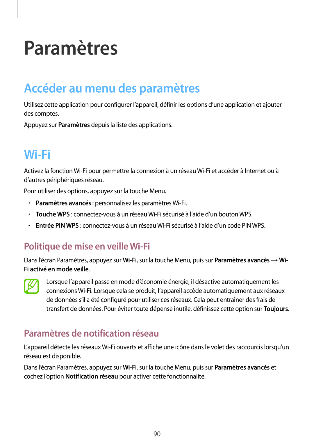 Samsung GT-S7710KRABGL, GT-S7710TAABGL Paramètres, Accéder au menu des paramètres, Politique de mise en veille Wi-Fi 