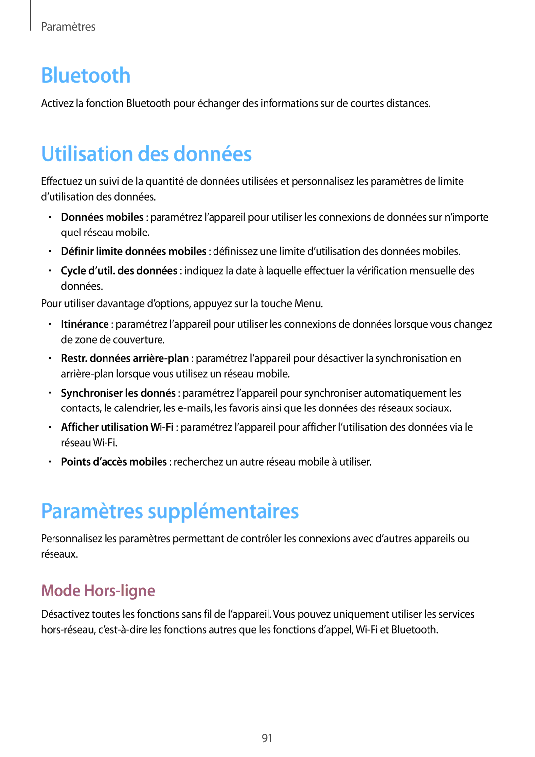 Samsung GT-S7710TAABGL, GT-S7710KRABGL manual Utilisation des données, Paramètres supplémentaires, Mode Hors-ligne 