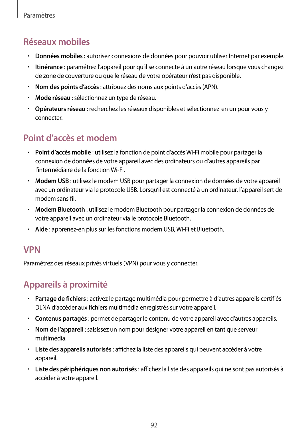 Samsung GT-S7710KRABGL, GT-S7710TAABGL manual Réseaux mobiles, Point d’accès et modem, Appareils à proximité 