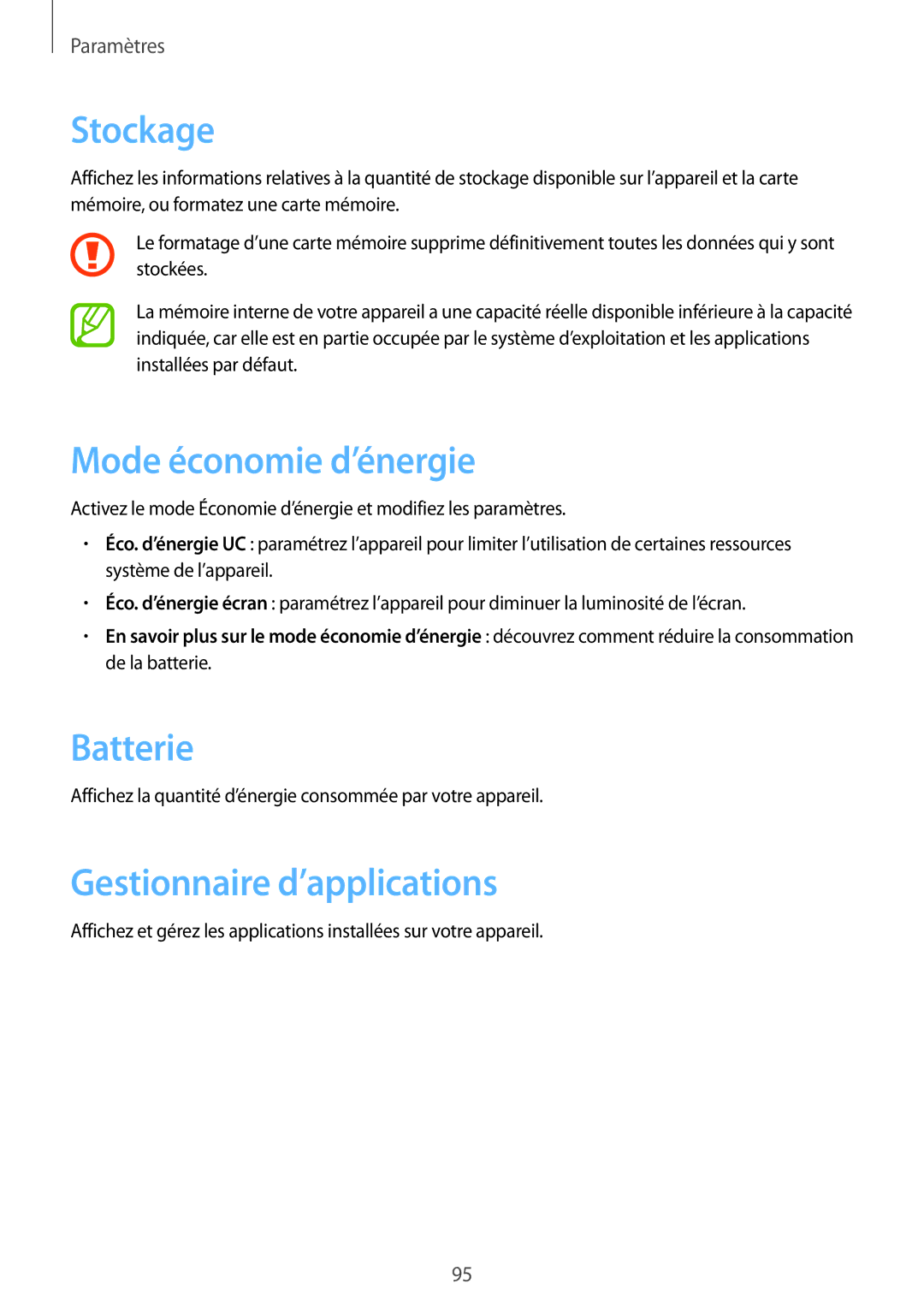 Samsung GT-S7710TAABGL, GT-S7710KRABGL manual Stockage, Mode économie d’énergie, Batterie, Gestionnaire d’applications 