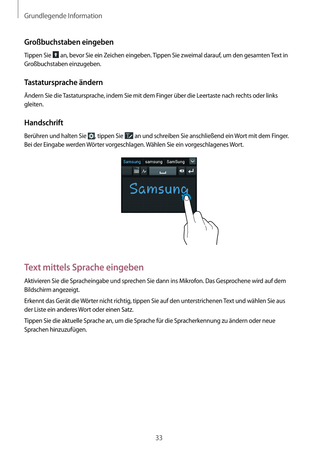 Samsung GT2S7710TAADBT manual Text mittels Sprache eingeben, Großbuchstaben eingeben, Tastatursprache ändern, Handschrift 