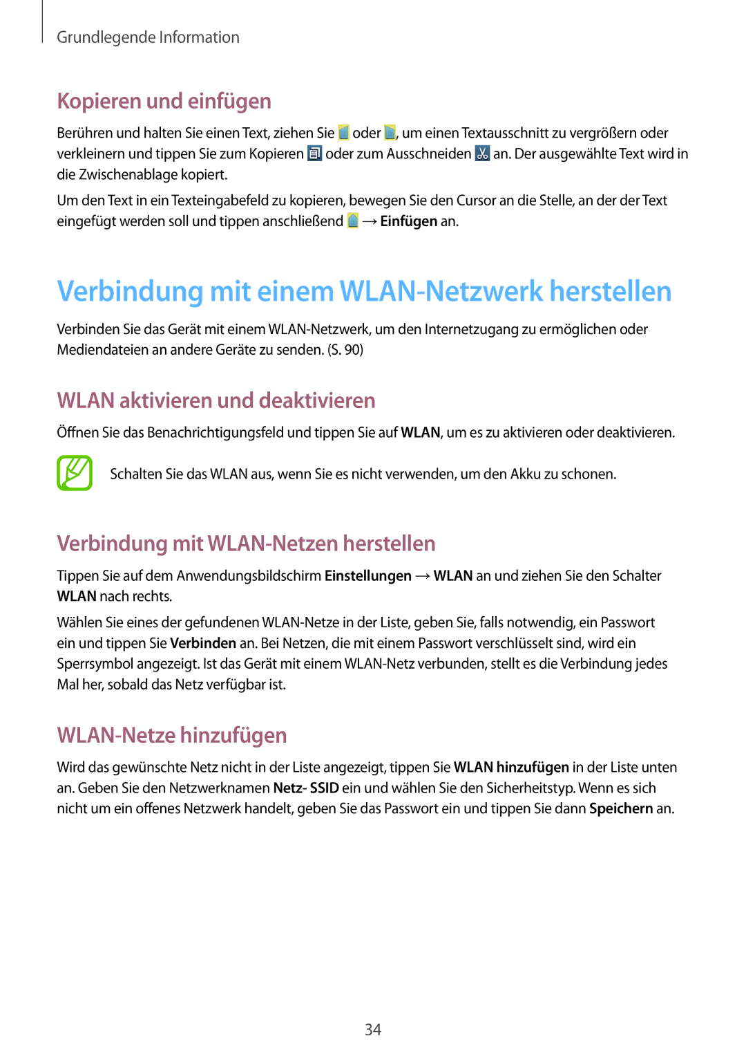 Samsung GT2S7710KRADBT Kopieren und einfügen, Wlan aktivieren und deaktivieren, Verbindung mit WLAN-Netzen herstellen 