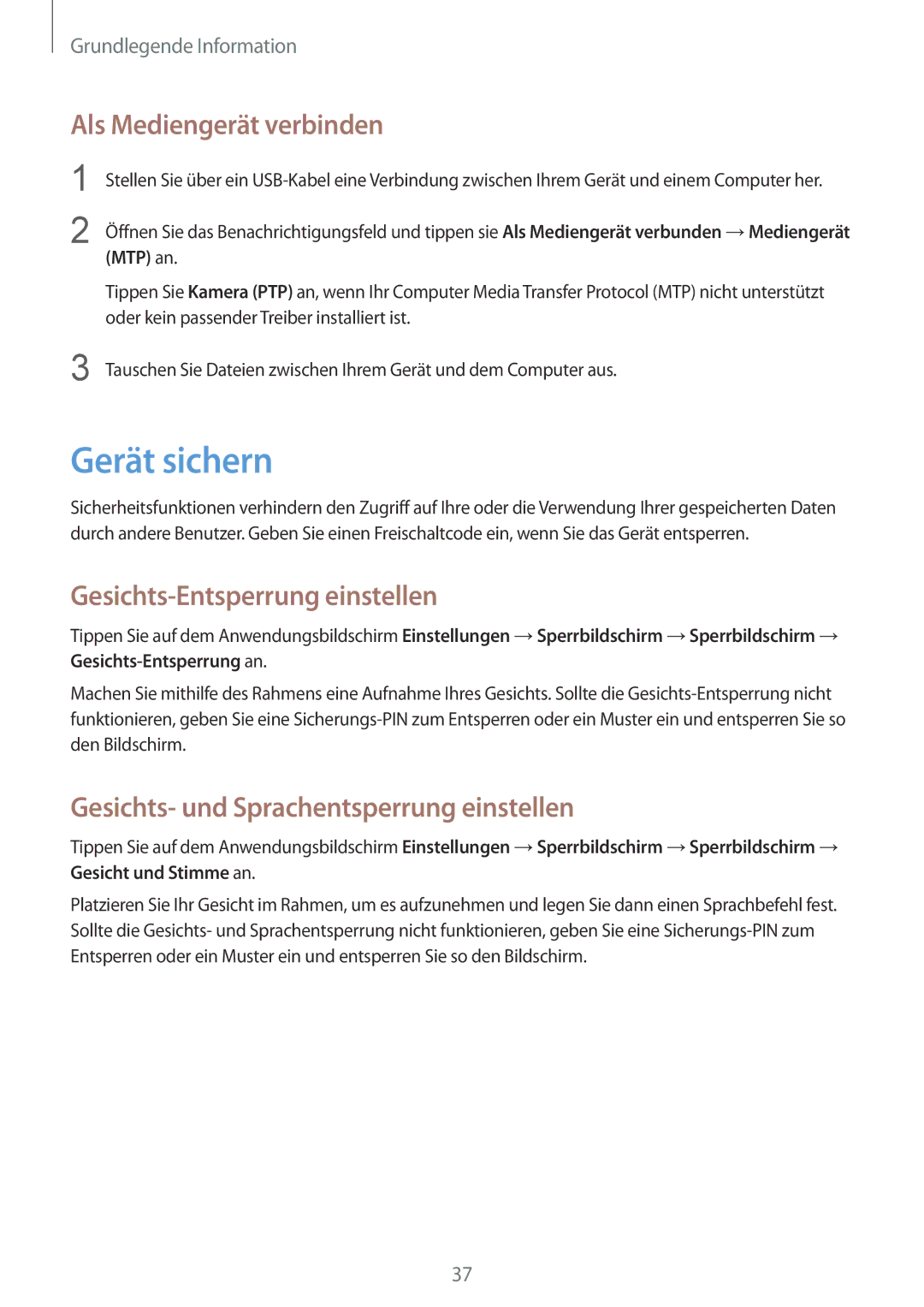 Samsung GT-S7710TAADBT, GT-S7710KRADBT manual Gerät sichern, Als Mediengerät verbinden, Gesichts-Entsperrung einstellen 