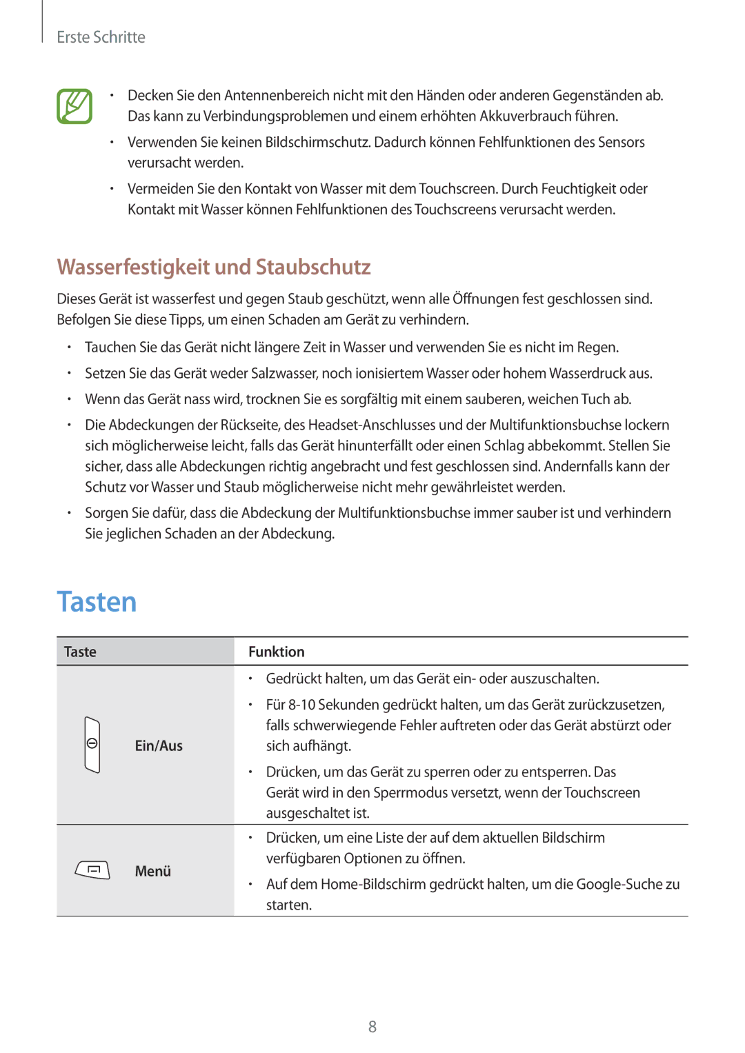 Samsung GT-S7710TAAXEO, GT-S7710KRADBT manual Tasten, Wasserfestigkeit und Staubschutz, Taste Funktion, Ein/Aus, Menü 