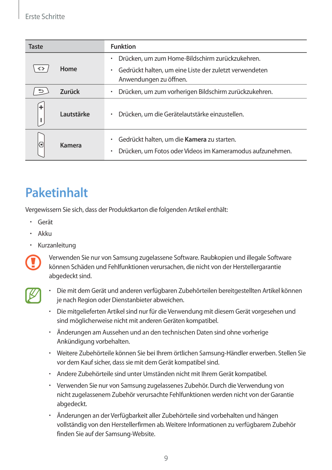 Samsung GT-S7710TAAPRT, GT-S7710KRADBT, GT2S7710TAADBT, GT2S7710KRADBT manual Paketinhalt, Home, Zurück, Lautstärke, Kamera 