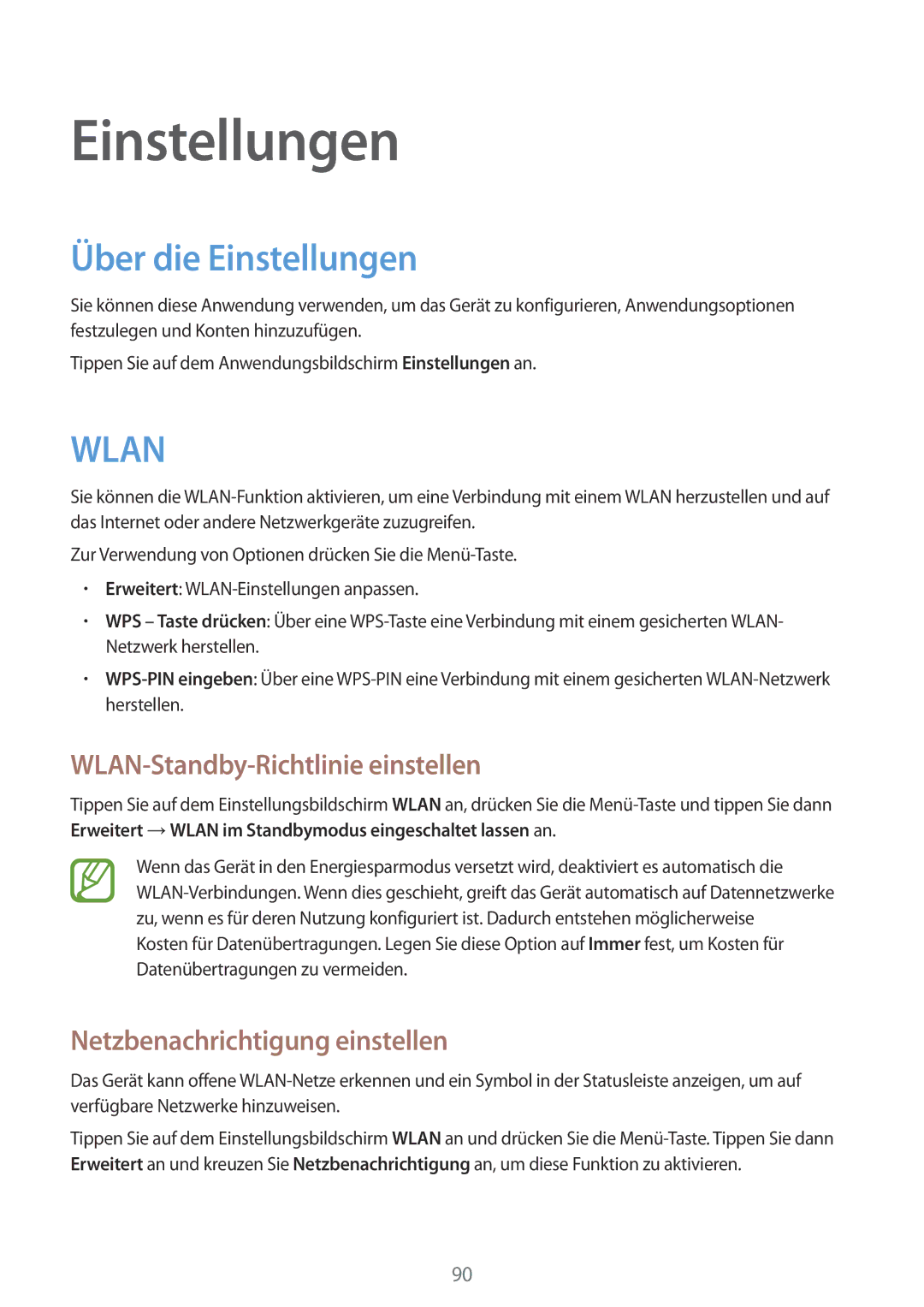 Samsung GT-S7710TAATUR Über die Einstellungen, WLAN-Standby-Richtlinie einstellen, Netzbenachrichtigung einstellen 