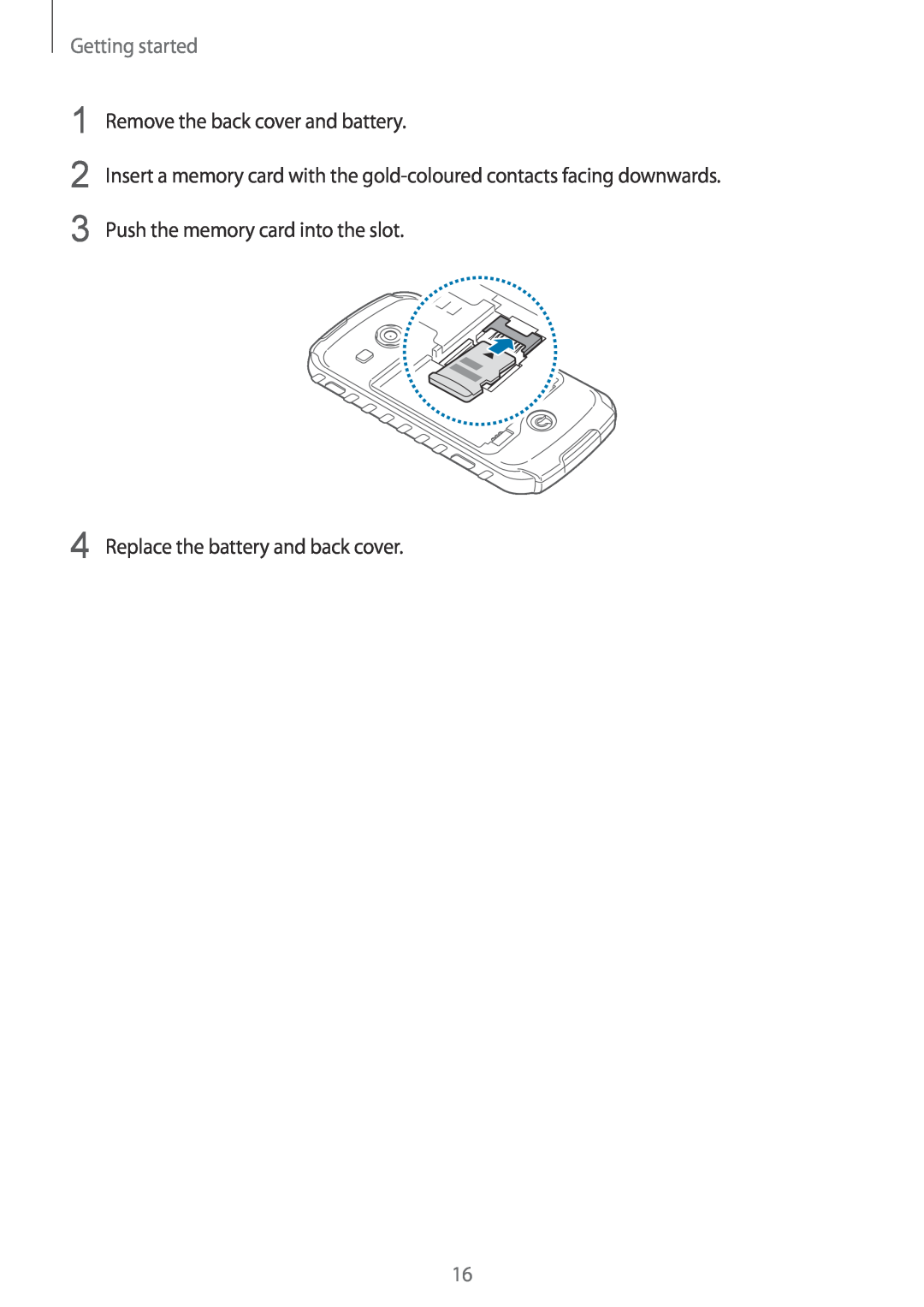 Samsung GT-S7710TAAPLS manual Getting started, Remove the back cover and battery, Replace the battery and back cover 