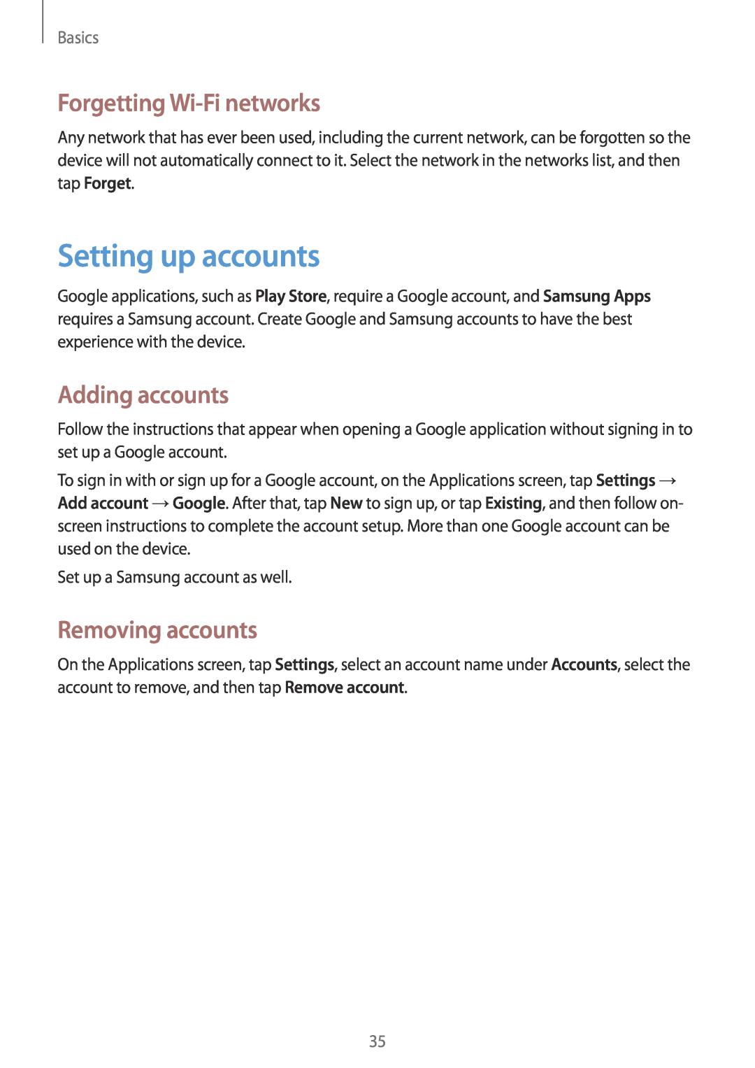 Samsung GT2S7710KRAETL manual Setting up accounts, Forgetting Wi-Fi networks, Adding accounts, Removing accounts, Basics 