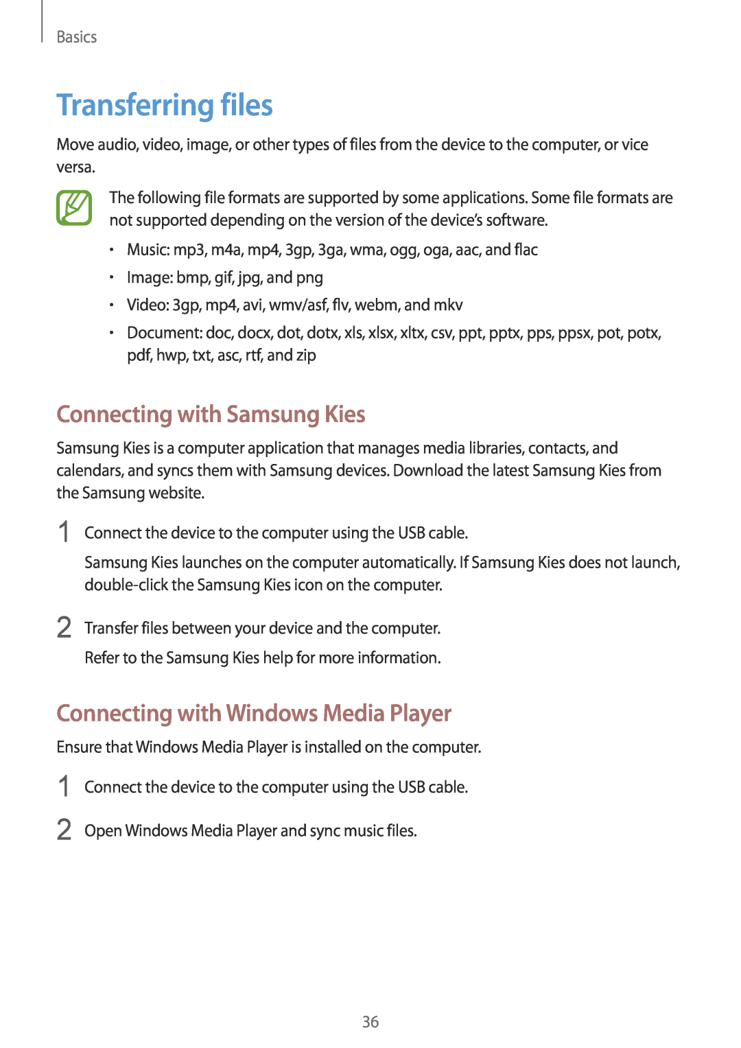 Samsung GT-S7710KRAETL Transferring files, Connecting with Samsung Kies, Connecting with Windows Media Player, Basics 
