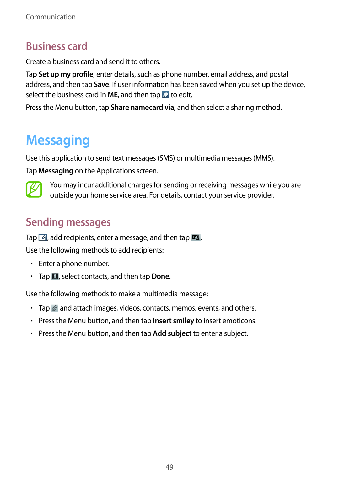 Samsung GT-S7710TAACOA, GT-S7710KRADBT, GT2S7710TAADBT manual Messaging, Business card, Sending messages, Communication 