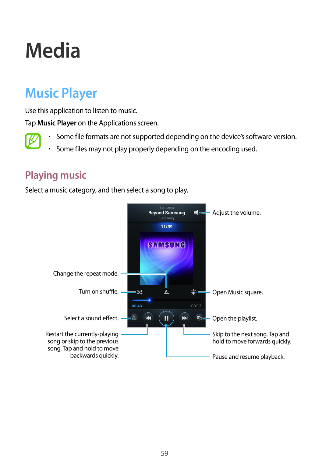 Samsung GT-S7710KRADBT manual Media, Music Player, Playing music, Adjust the volume, Turn on shu e, Open Music square 