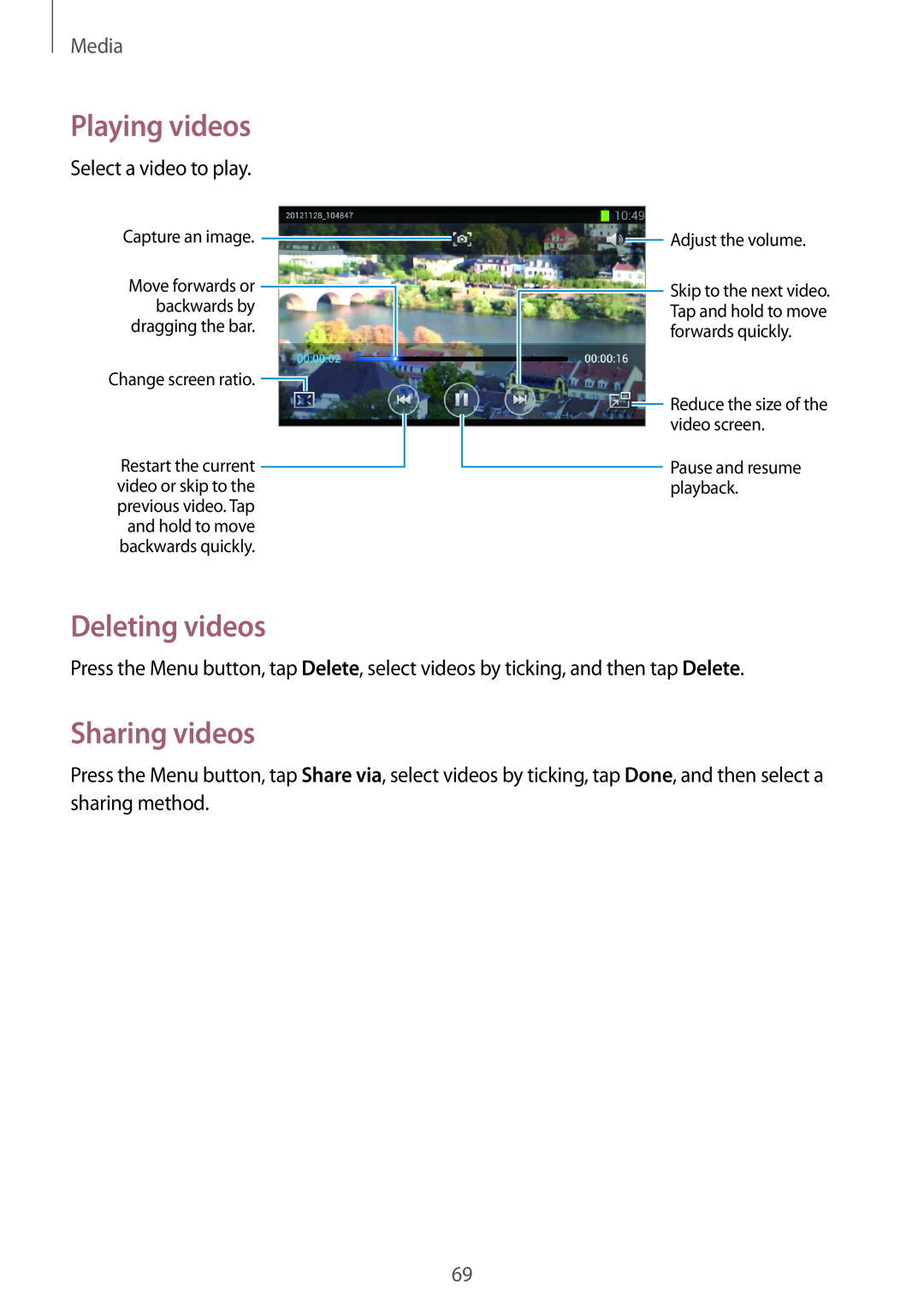 Samsung GT-S7710TAATUR, GT-S7710KRADBT manual Deleting videos, Sharing videos, Playing videos, Media, Select a video to play 