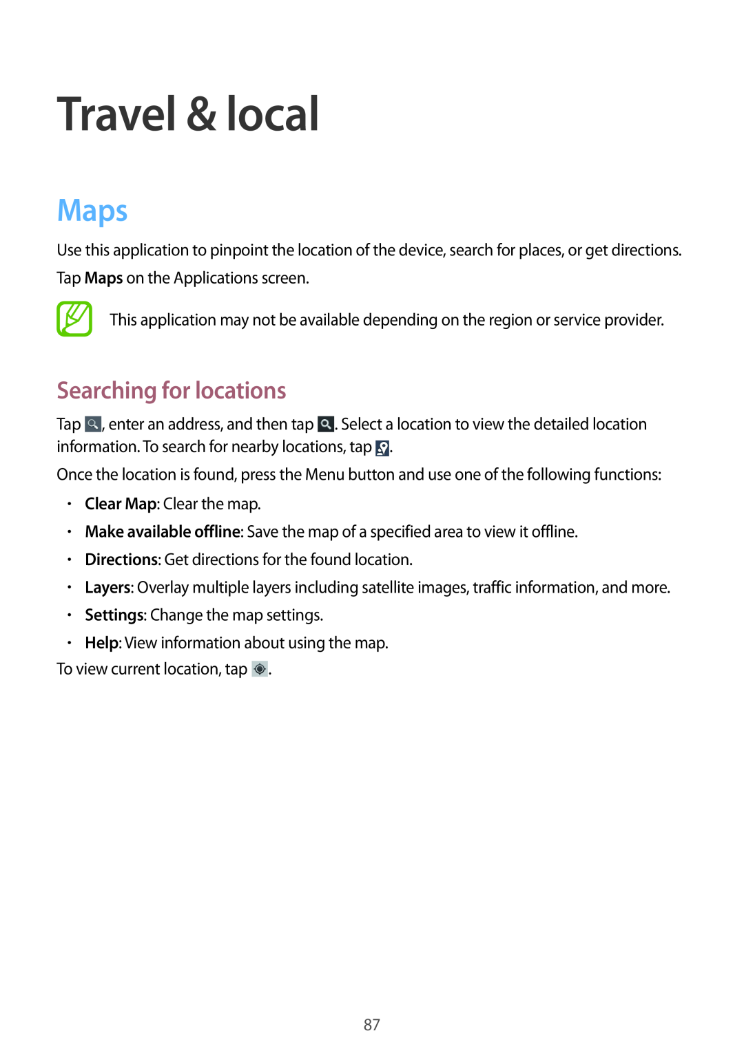 Samsung GT2S7710KRATMZ, GT-S7710KRADBT, GT2S7710TAADBT, GT2S7710KRADBT manual Travel & local, Maps, Searching for locations 