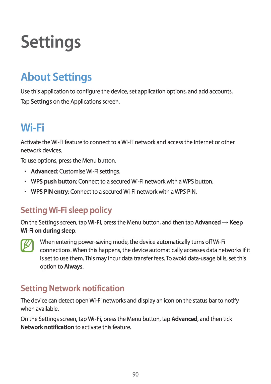 Samsung GT-S7710KRATMZ, GT-S7710KRADBT About Settings, Setting Wi-Fi sleep policy, Setting Network notification 