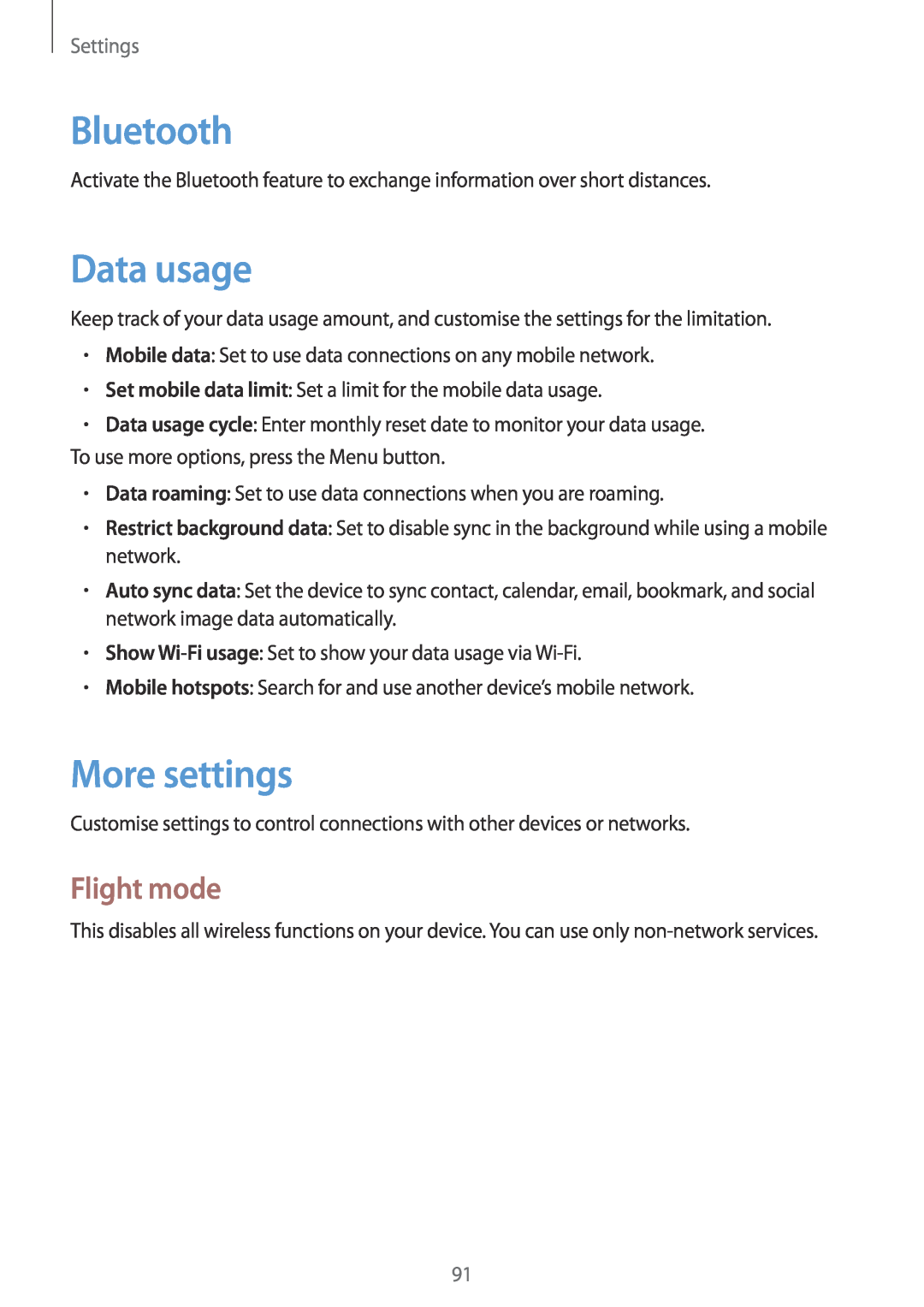 Samsung GT2S7710TAAVDH, GT-S7710KRADBT, GT2S7710TAADBT manual Data usage, More settings, Flight mode, Settings, Bluetooth 
