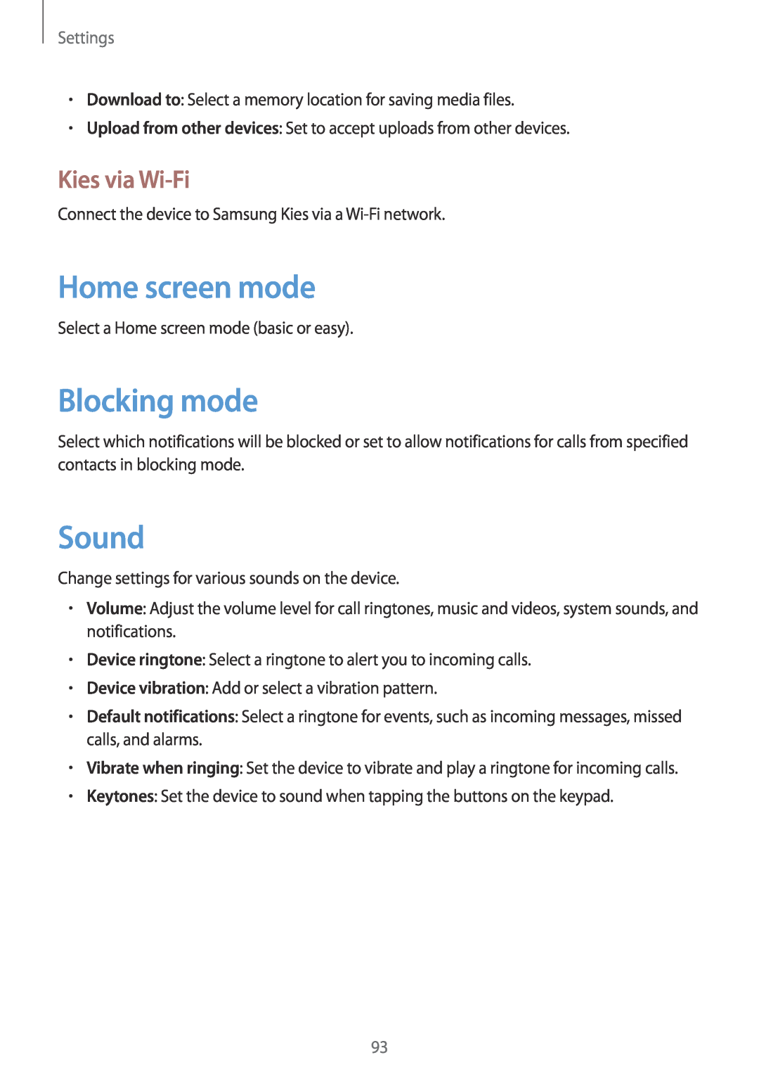 Samsung GT2S7710KRAXEH, GT-S7710KRADBT, GT2S7710TAADBT Home screen mode, Blocking mode, Sound, Kies via Wi-Fi, Settings 