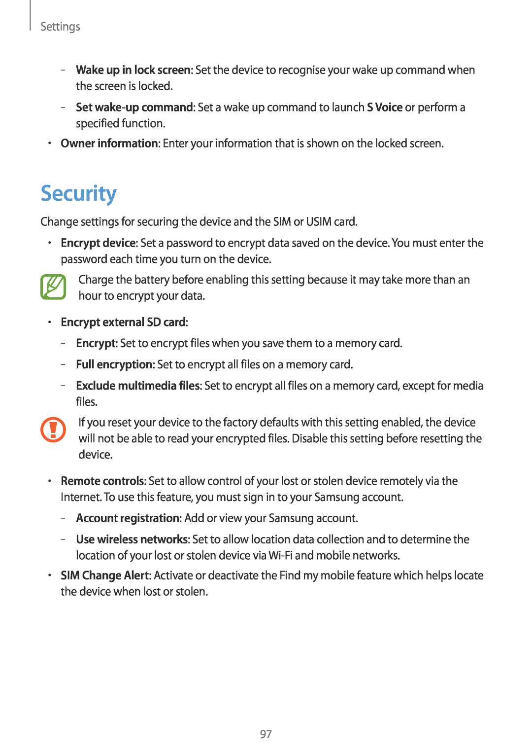 Samsung GT-S7710TAADRE, GT-S7710KRADBT, GT2S7710TAADBT, GT2S7710KRADBT manual Security, Encrypt external SD card, Settings 