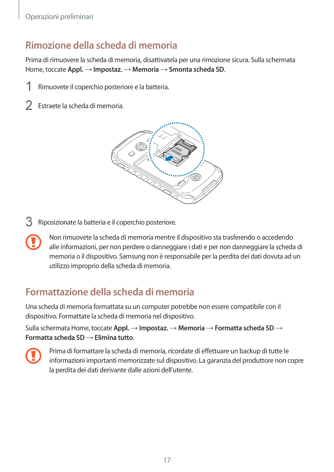 Samsung GT-S7710TAATIM, GT-S7710KRAITV manual Rimozione della scheda di memoria, Formattazione della scheda di memoria 