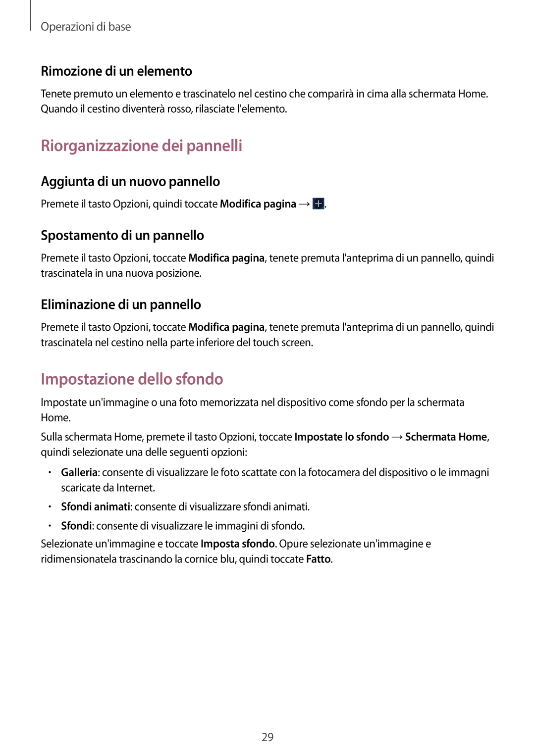 Samsung GT-S7710TAATIM, GT-S7710KRAITV, GT-S7710TAAITV manual Riorganizzazione dei pannelli, Impostazione dello sfondo 