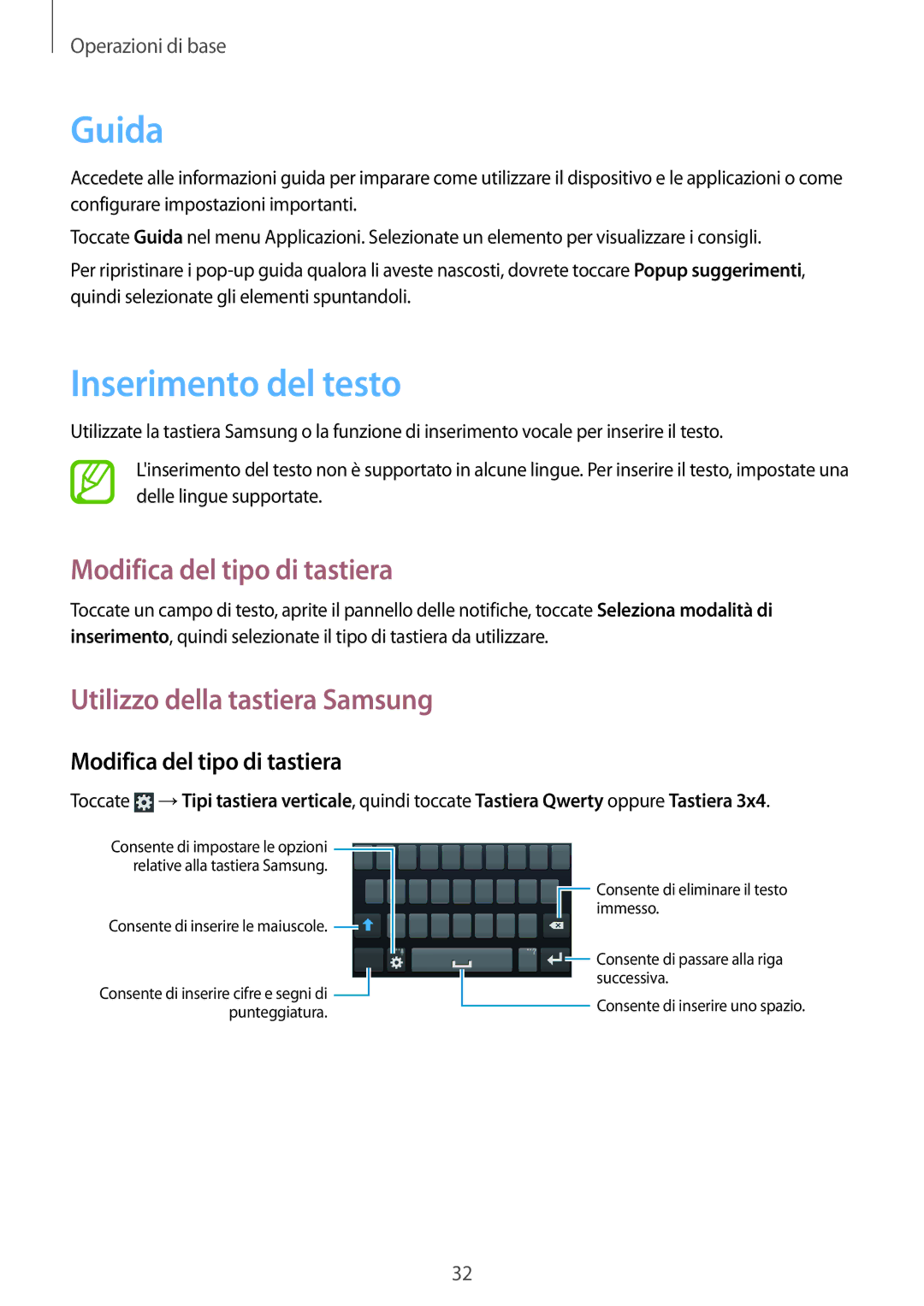 Samsung GT-S7710TAAXEO manual Guida, Inserimento del testo, Modifica del tipo di tastiera, Utilizzo della tastiera Samsung 