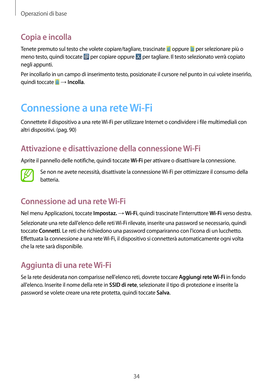 Samsung GT-S7710TAAPLS Connessione a una rete Wi-Fi, Copia e incolla, Attivazione e disattivazione della connessione Wi-Fi 